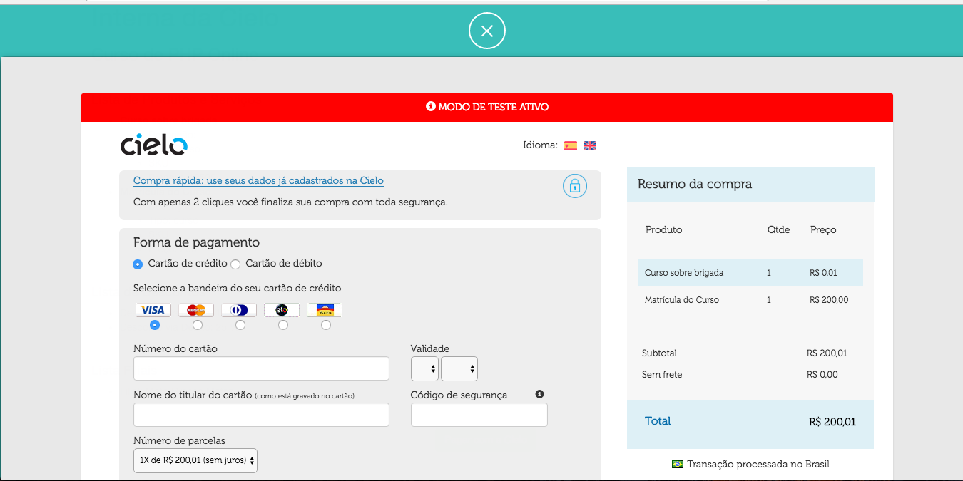 O Cliente clicará no botão e pronto! um modal animado com a tela de pagamento será aberto.