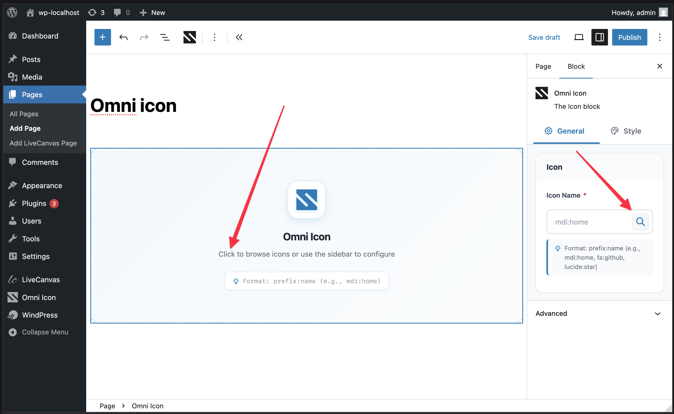 Opening the icon picker modal in Gutenberg