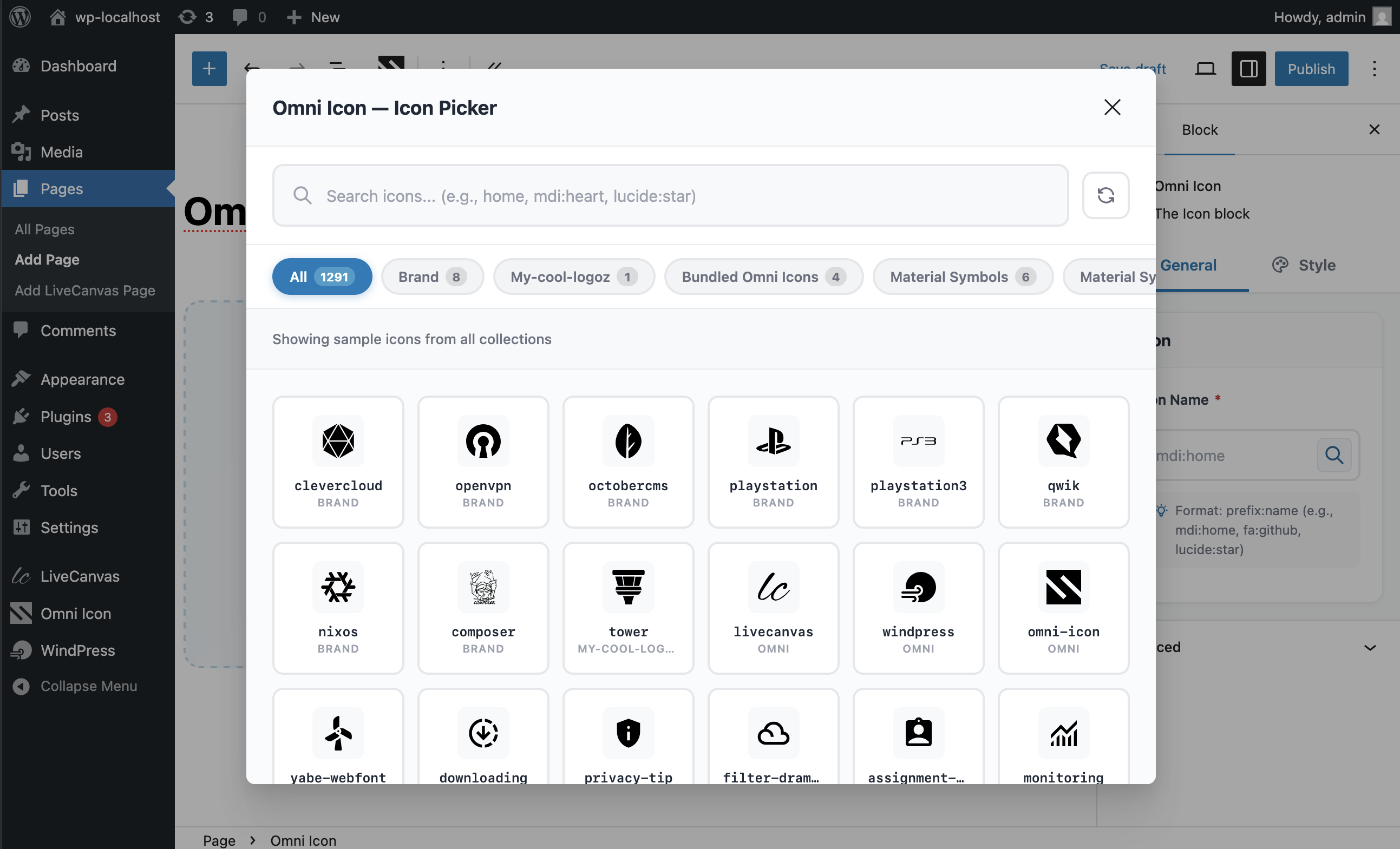 Searching for icons in the icon picker modal