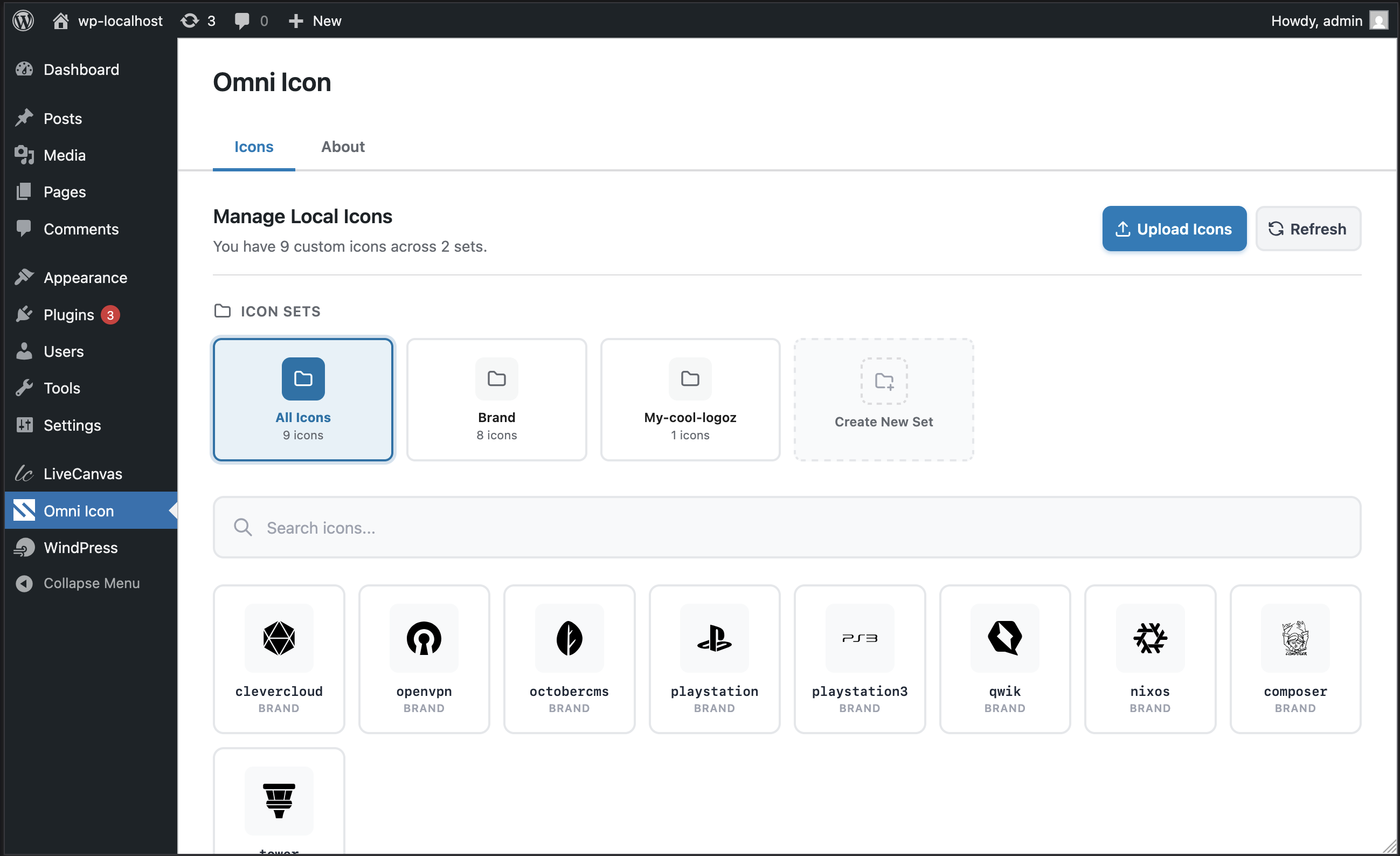 Managing uploaded local icons in the Omni Icon settings page
