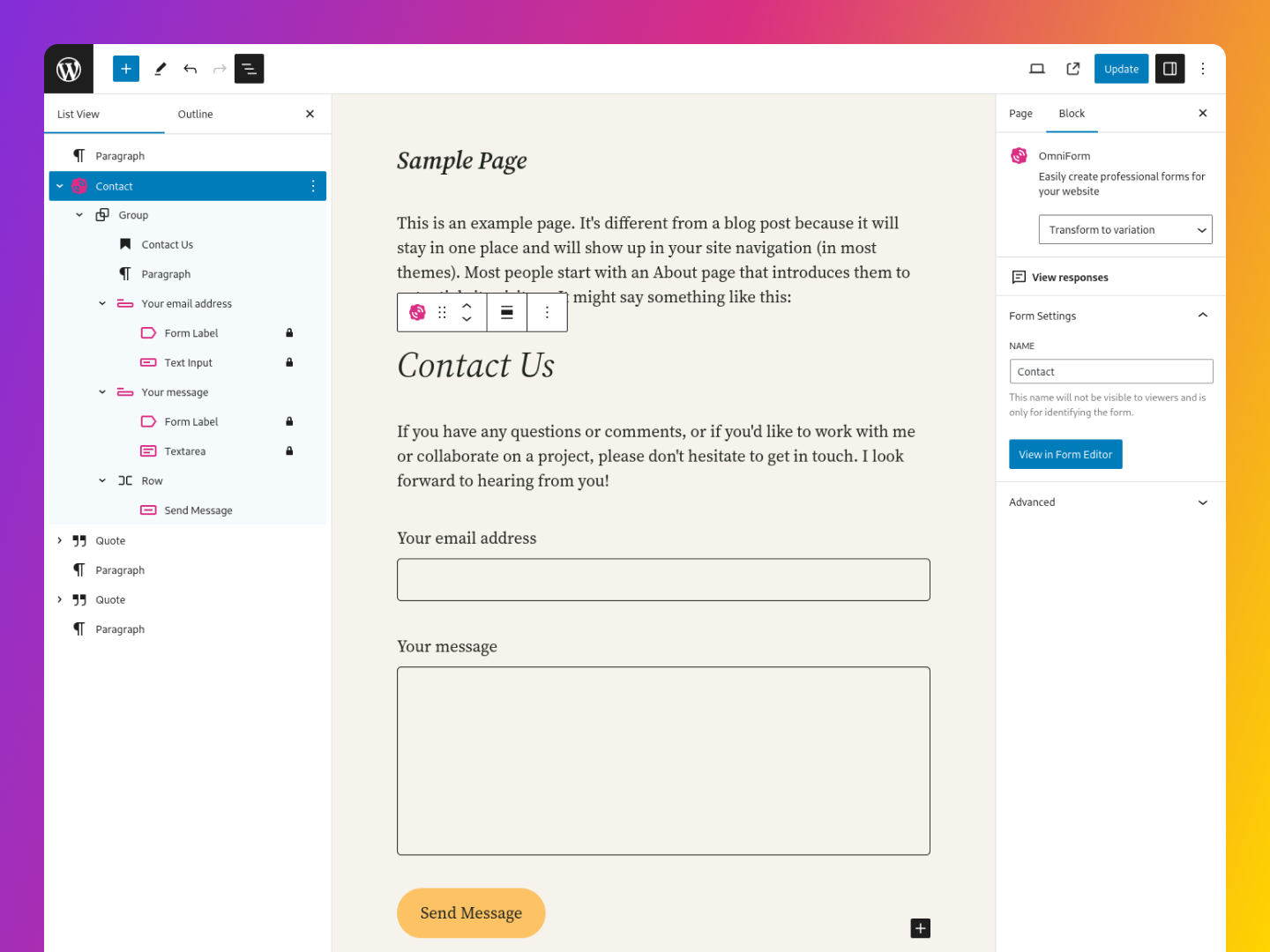 Create Forms Directly in WordPress Posts or Pages with OmniForm.