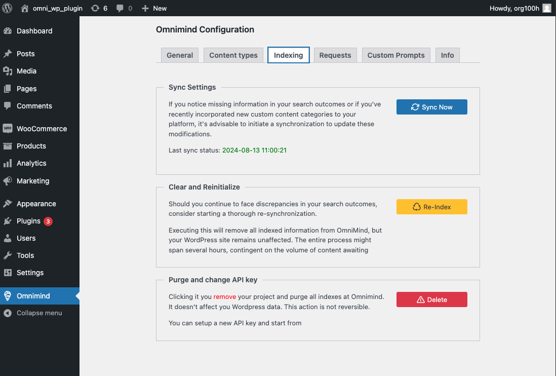 This tab is designed to manage the synchronization and reinitialization of indexed content, ensuring that the search results in Omnimind are accurate and up to date. It also provides options to reset the project by purging all data or changing the API key.