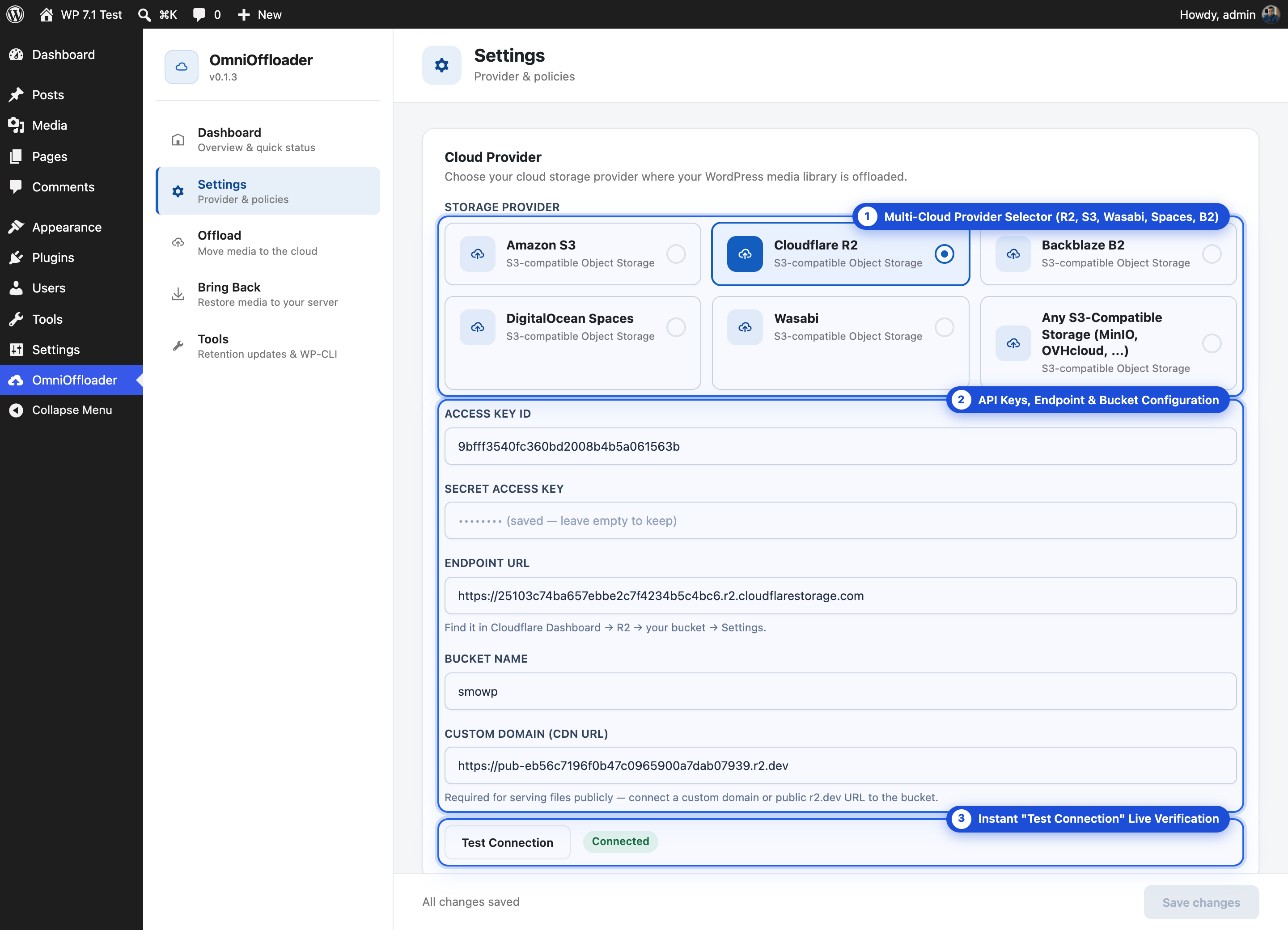 Cloud Provider & Credentials — Multi-cloud provider selection (Cloudflare R2, AWS S3, Wasabi, DigitalOcean, Backblaze B2, S3-Compatible) with instant "Test Connection" verification.