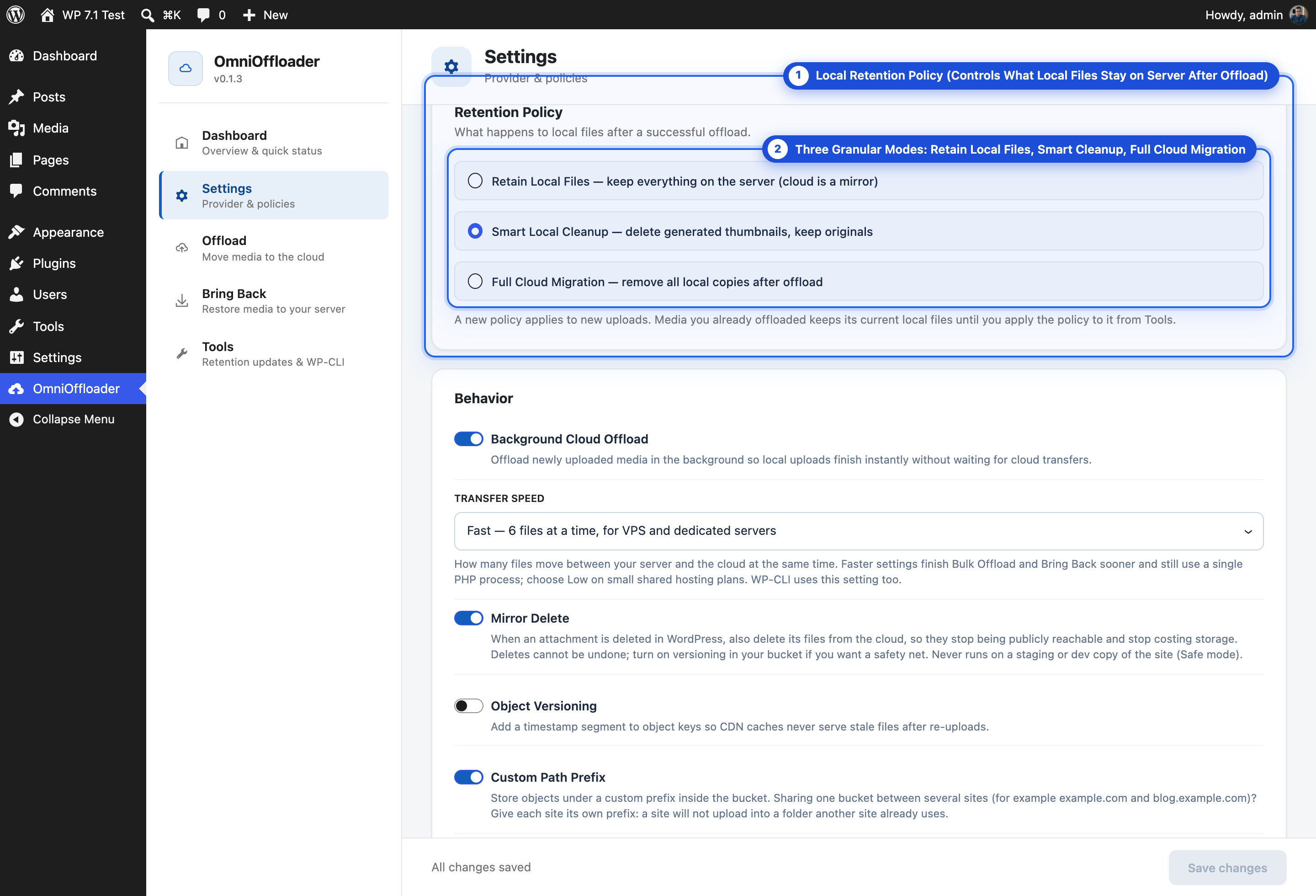 Retention & Delivery Policies — Flexible local retention policies (Retain Local, Smart Cleanup, Full Migration), Transfer Speed, Mirror Delete, Object Versioning, and custom path prefixes.