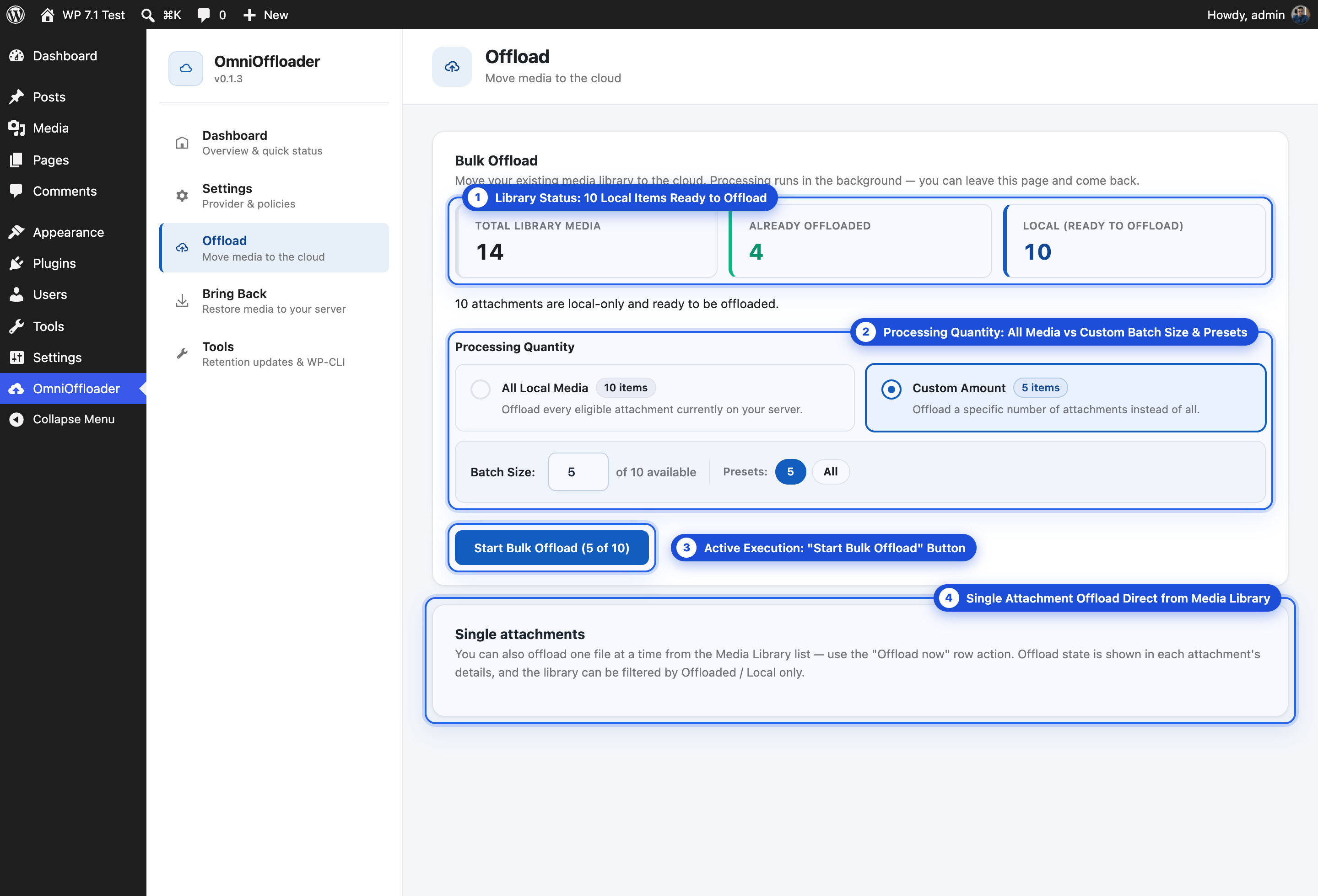 Bulk Offload Center — Active background media offloader with custom batch amount stepper, preset chips, and real-time status counters.