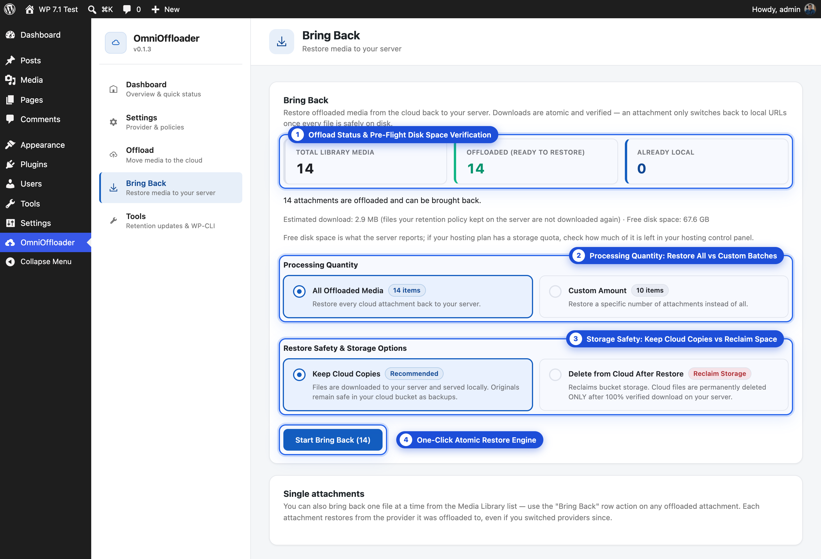 Zero-Lock-In Bring Back (Restore) — Safely download offloaded media back to your local server with automatic disk space pre-flight checks and atomic restore.