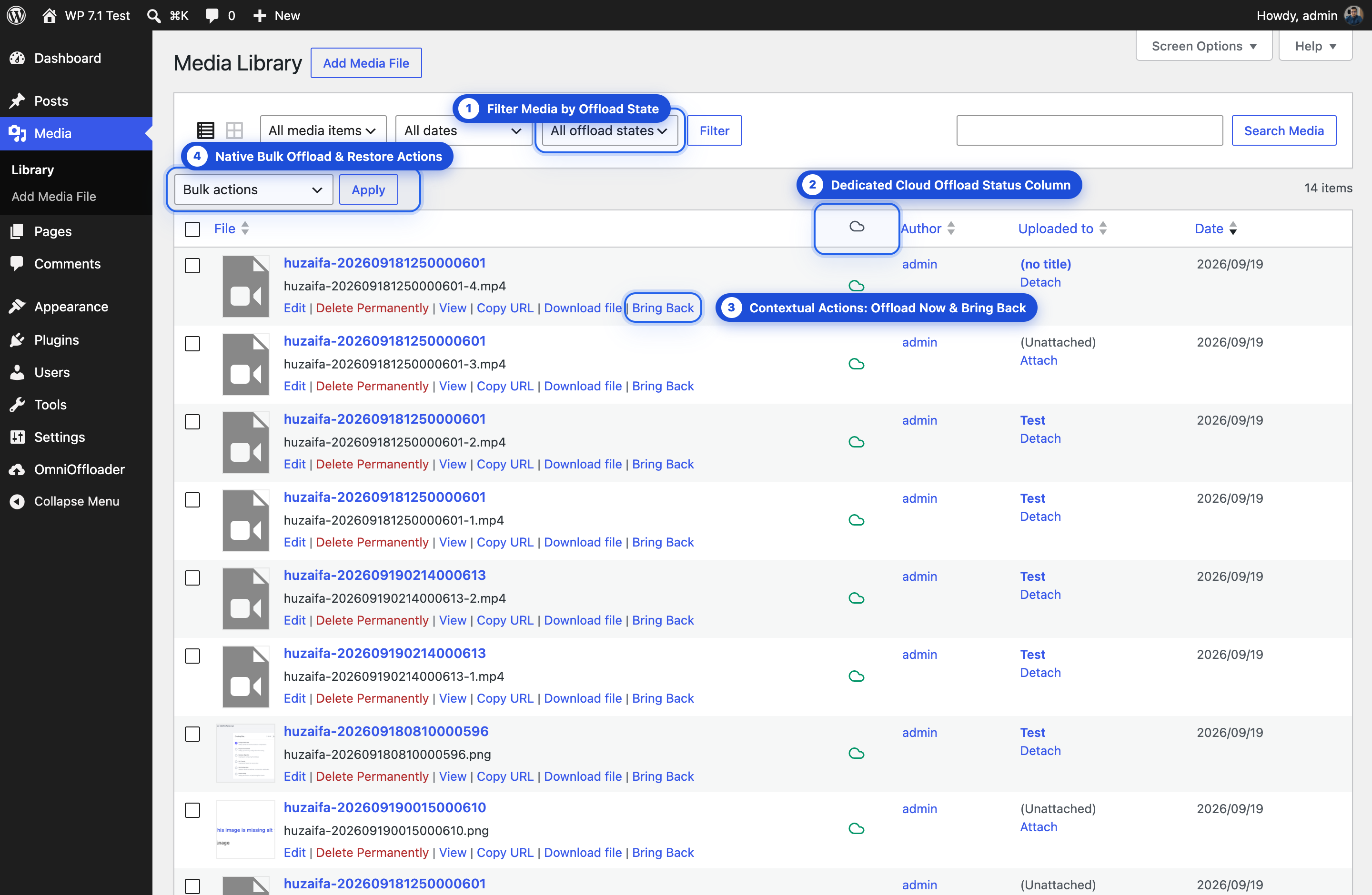 WordPress Media Library Integration — Dedicated cloud offload status column, offload state filter, contextual row actions, and native bulk offload/restore actions.