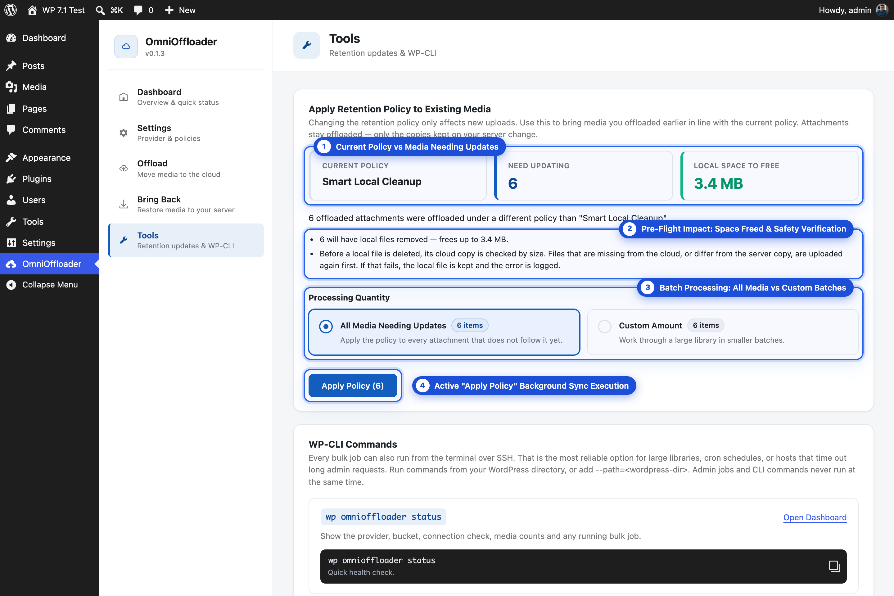 Apply Retention Policy to Existing Media — Tools screen to synchronize existing media with updated retention policies, including pre-flight storage estimates and batch scopes.