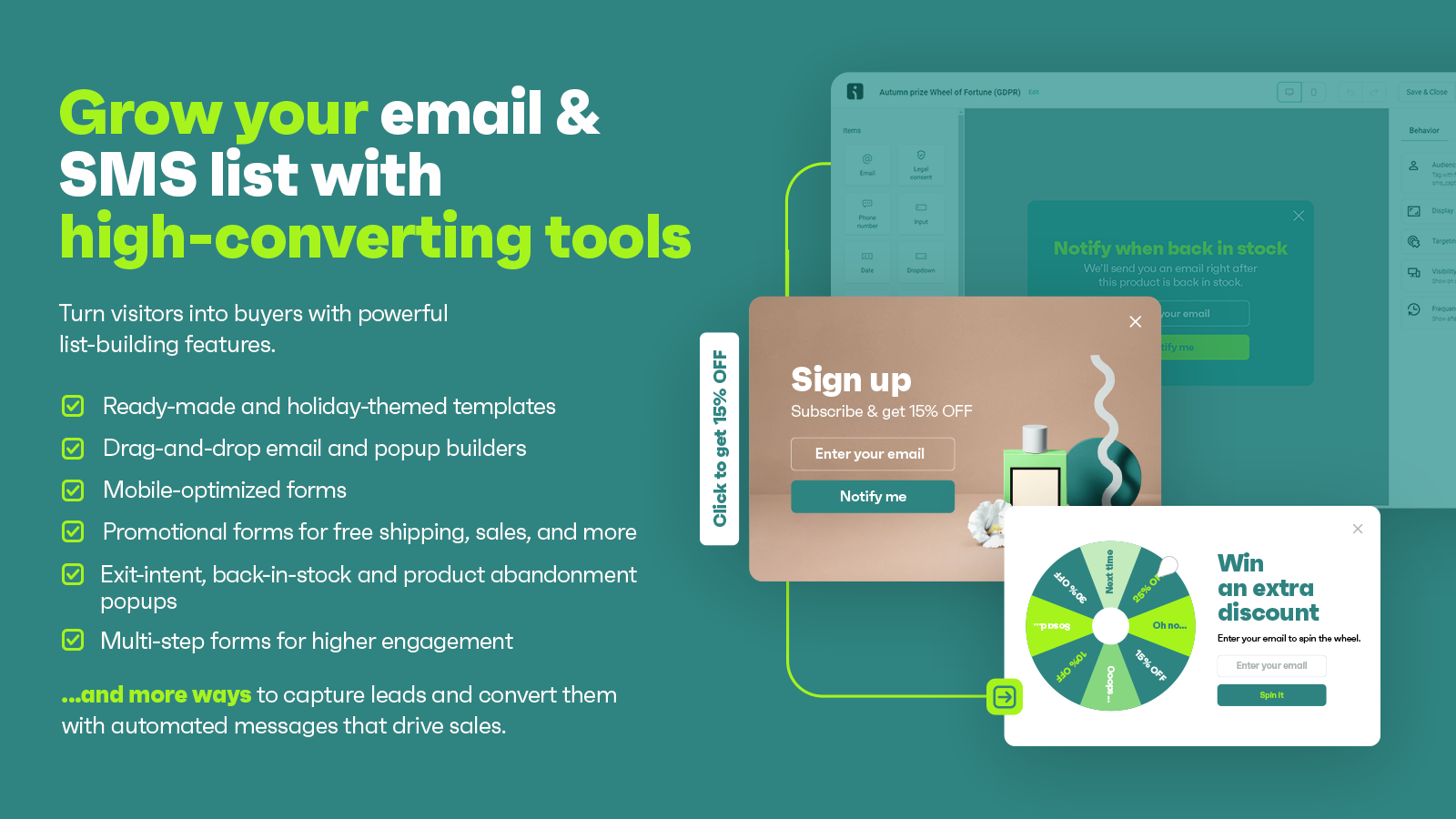 Grow your audience with popups incl exit-intent, signup forms & spin-to-win