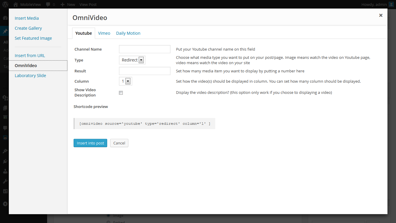 To insert the shortcode for OmniVideo through the "Add Media" options click on "Add an Image"