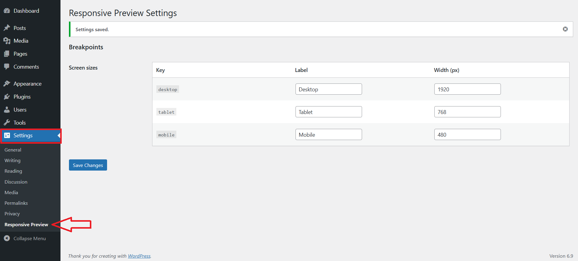 Screen size settings page