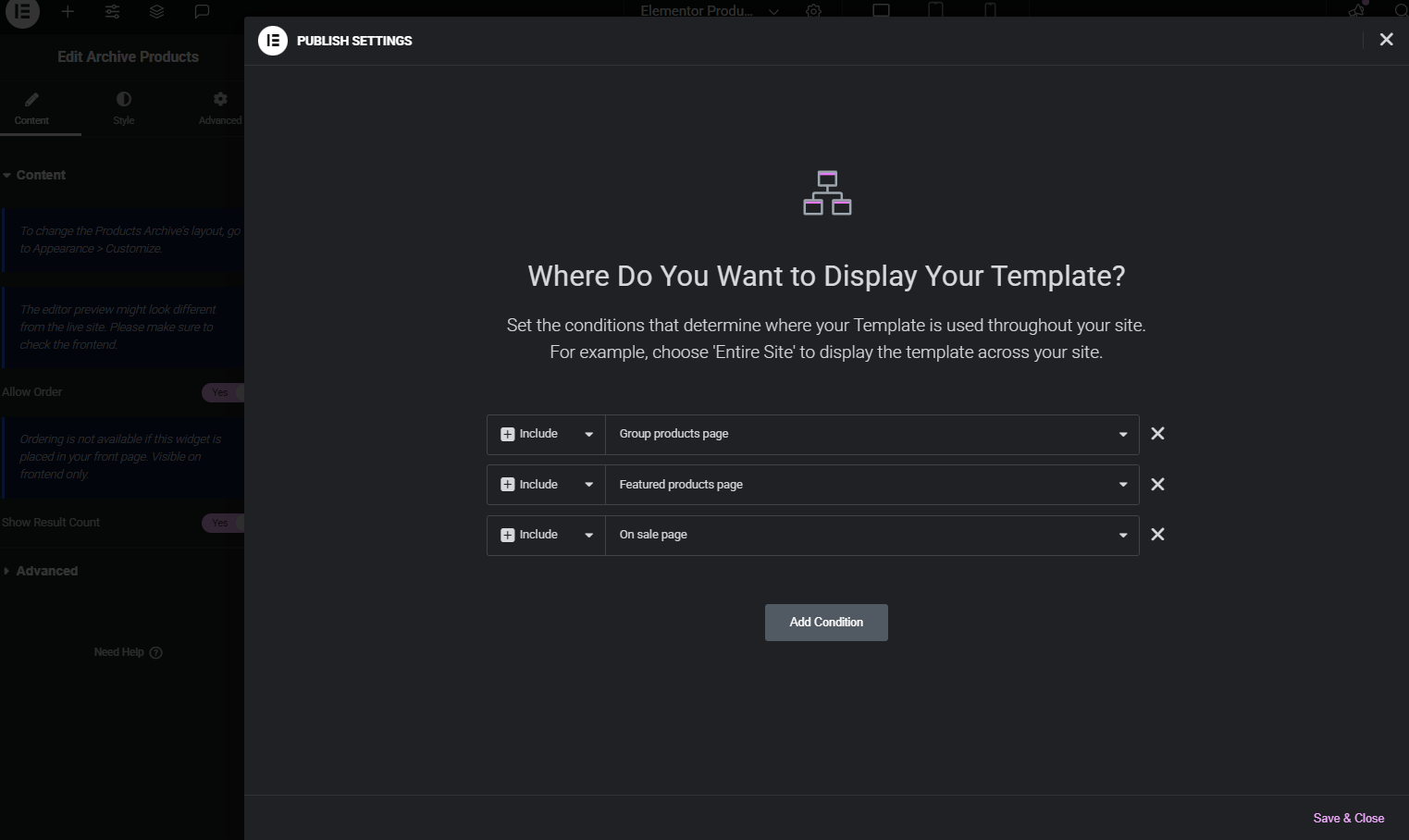 Display conditions screenshot 2 - Elementor support (in Pro version)