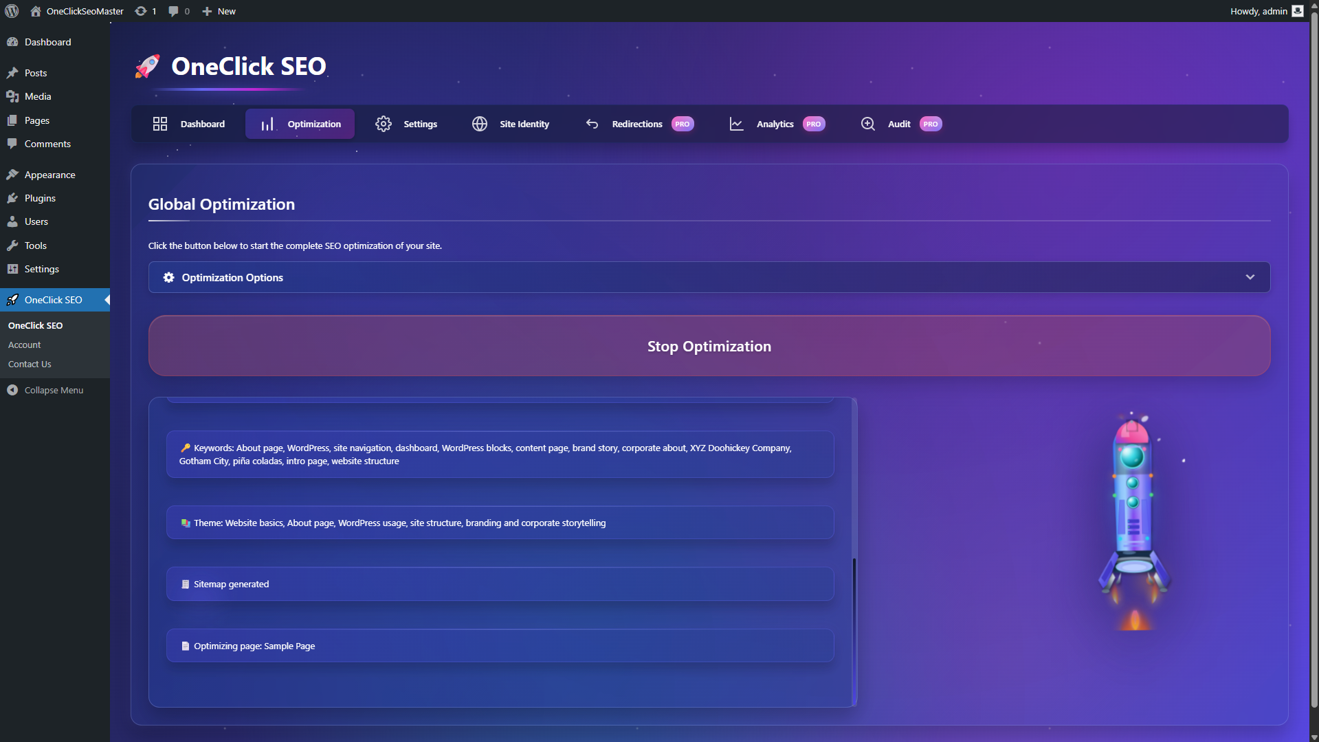 Post editor SEO box with AI optimization, scores, and social metadata