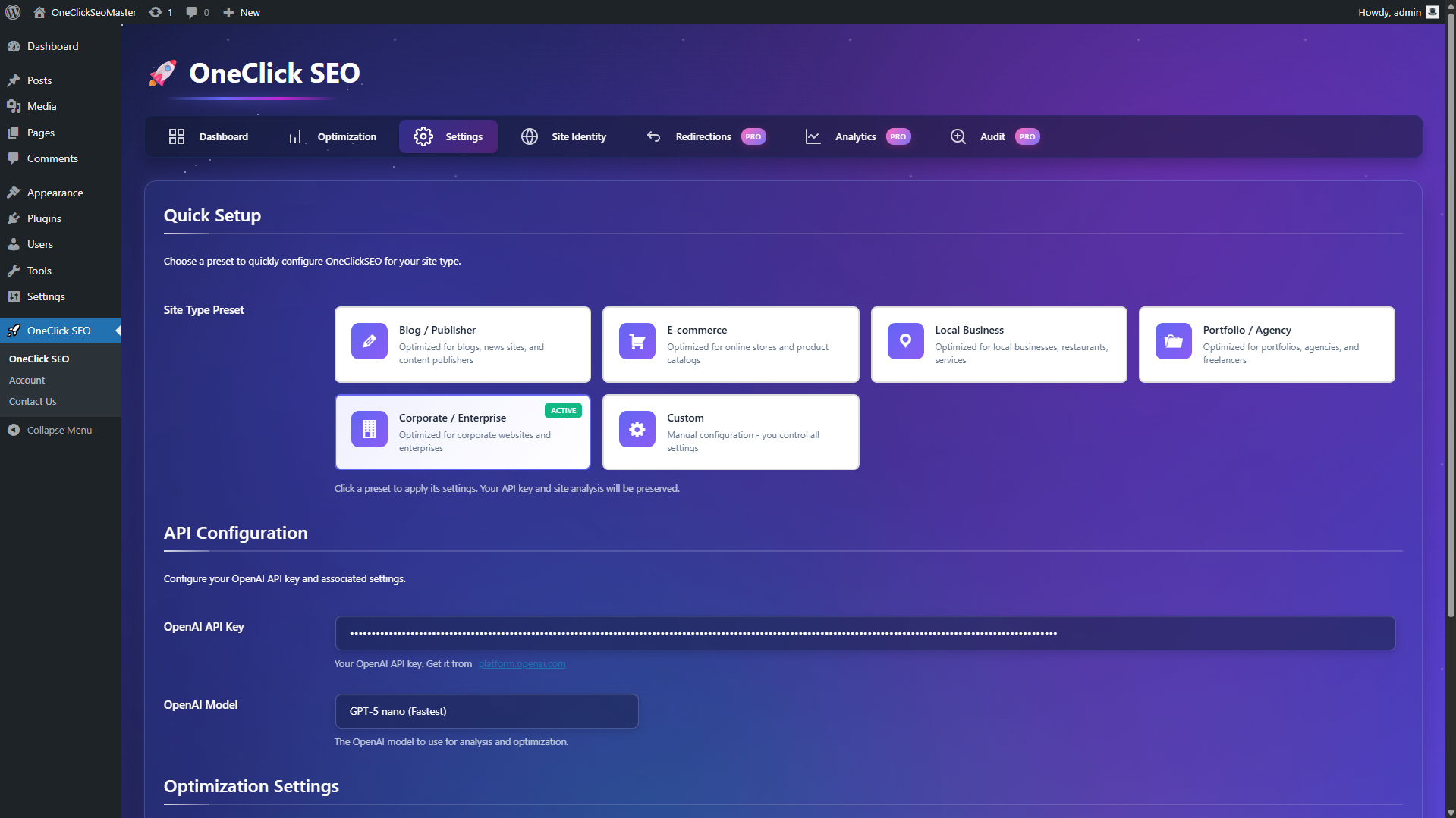 Settings and onboarding with presets, API configuration, and language selection