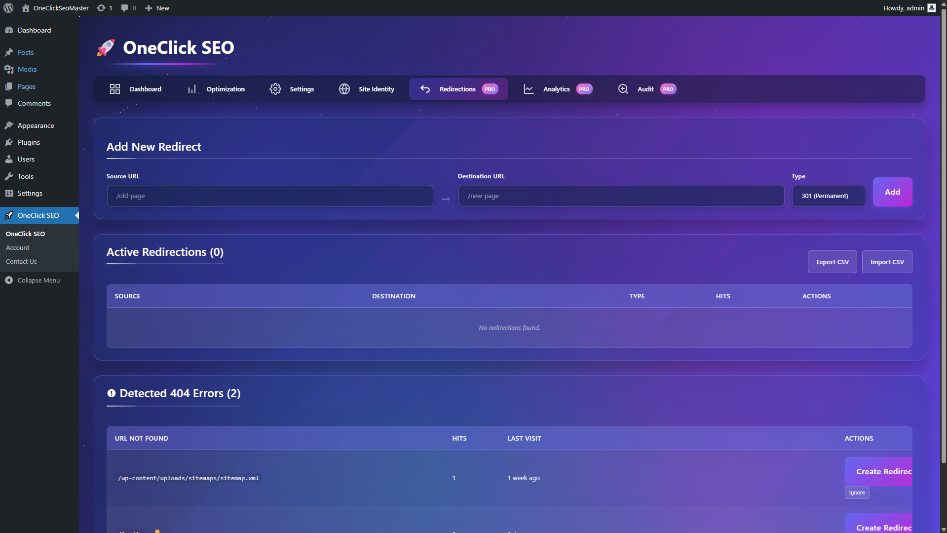 Redirections manager with 404 monitor and redirect suggestions