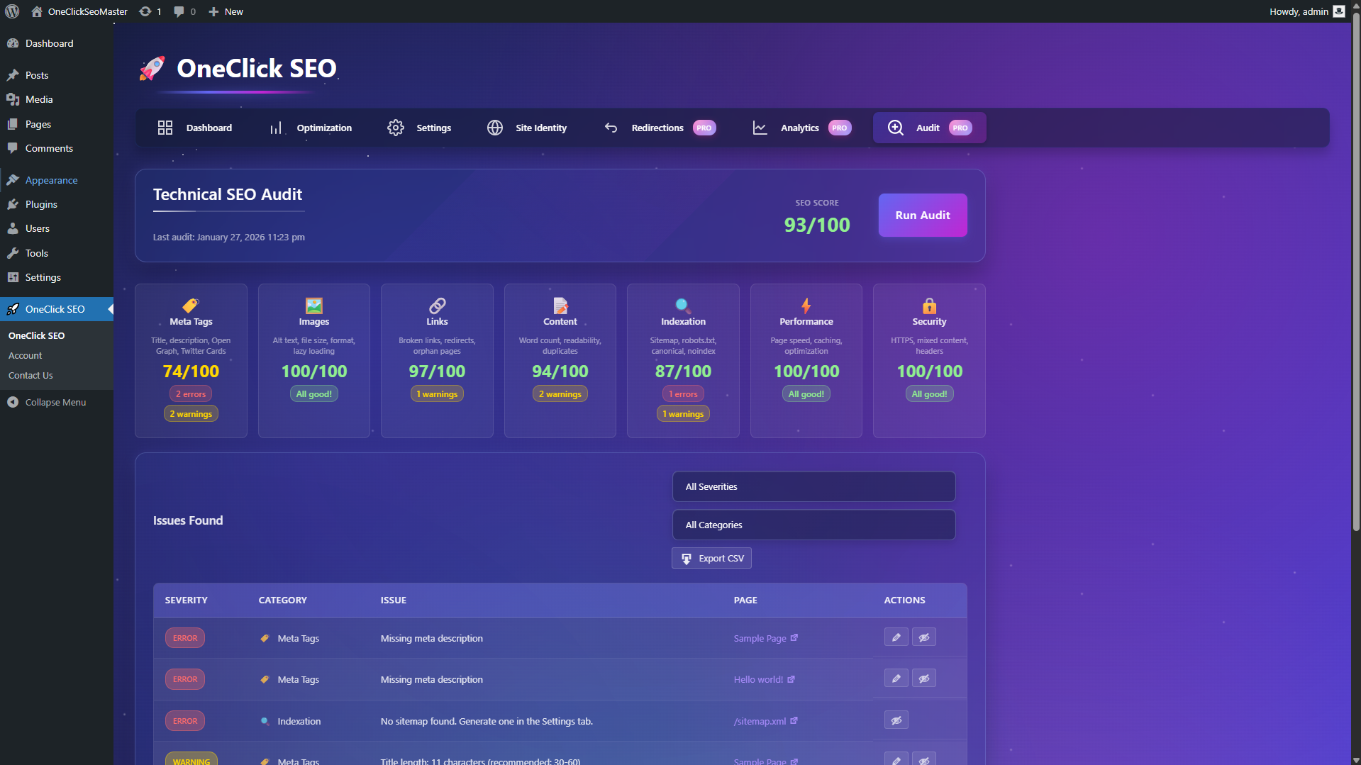 Technical audit view with category scores, filters, and issues table