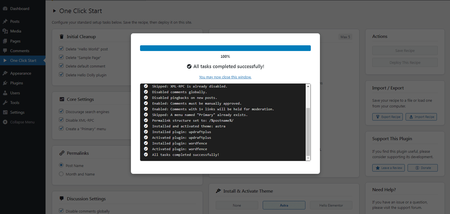The deployment progress modal with the live action.