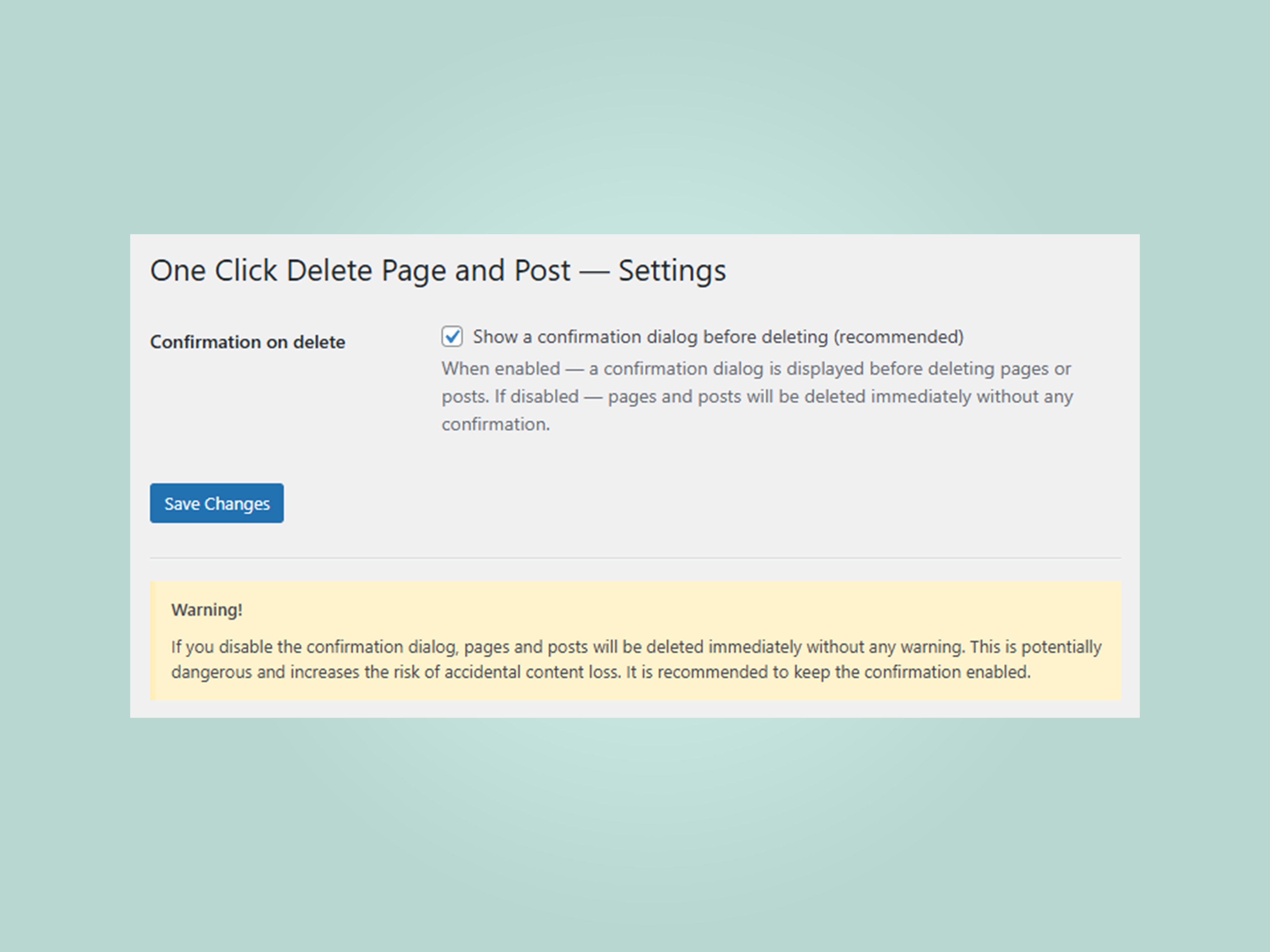 Settings page with the confirmation toggle.