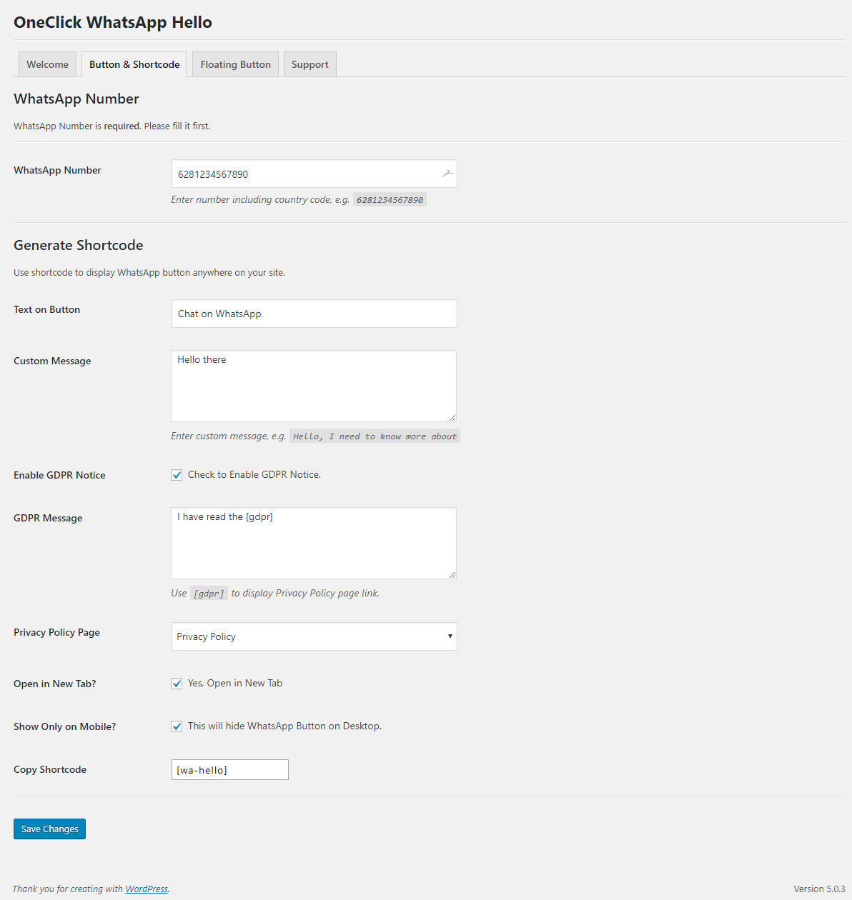 Setting panel of Button & Shortcode section