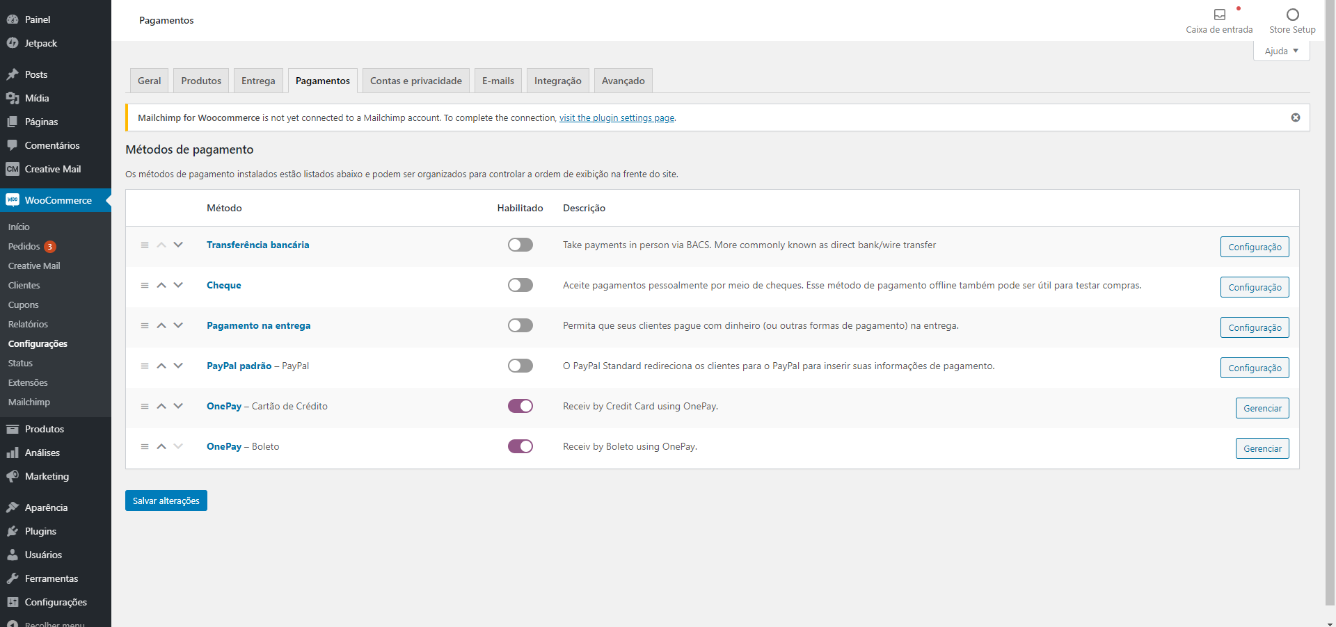 O painel de configurações usado para configurar o gateway.
