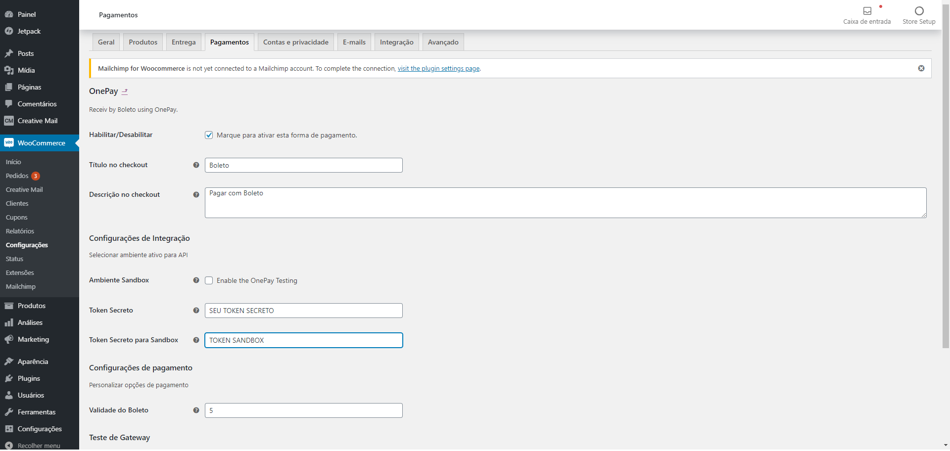 Opções avançadas do painel de configurações (Boleto).