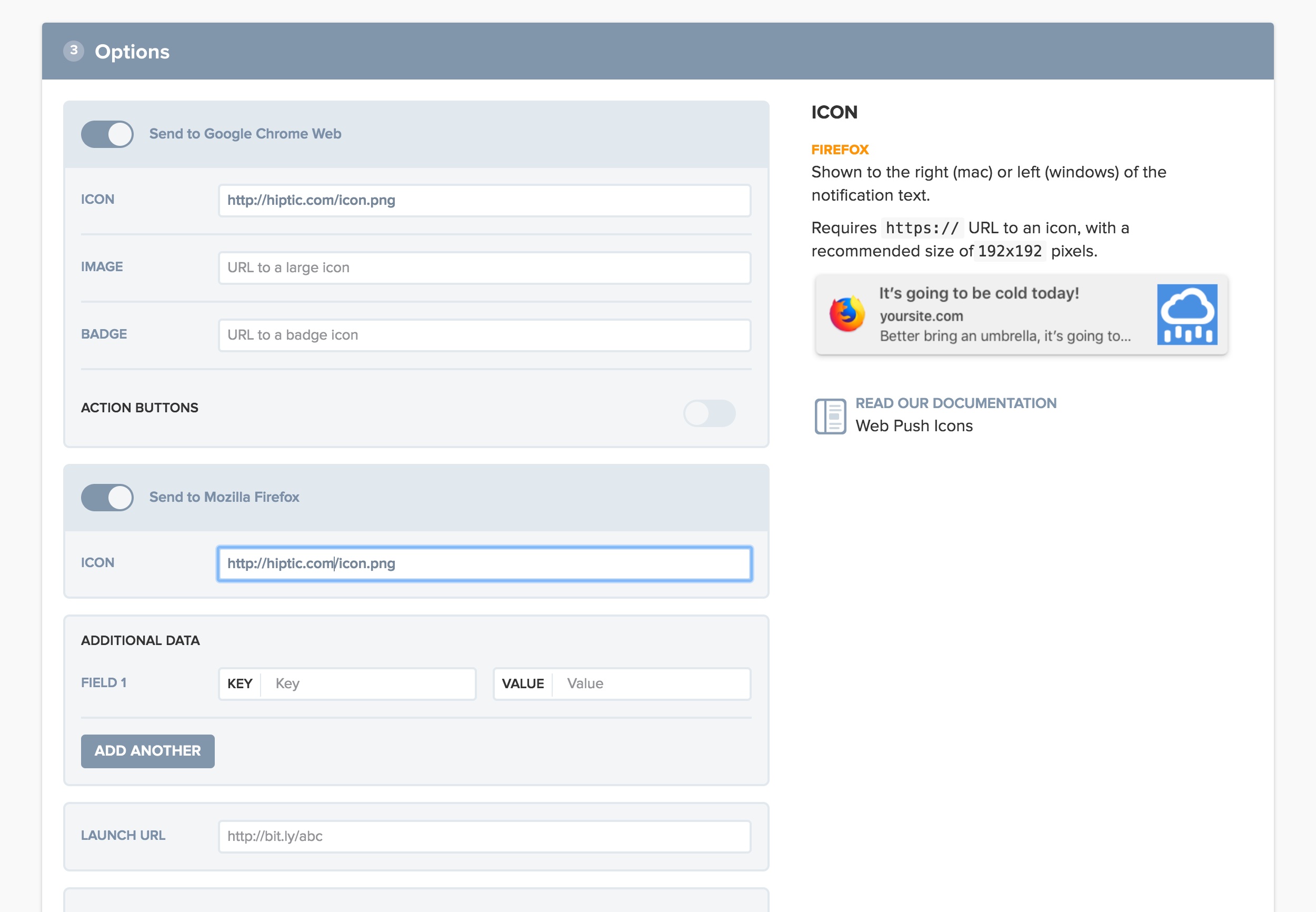 Our OneSignal dashboard notification creation page, with show some of the browser settings available.