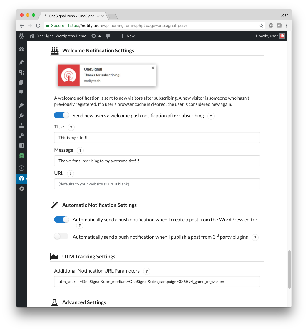 Our OneSignal Wordpress welcome notification options.