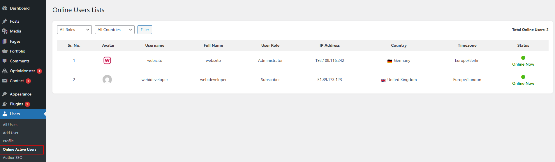 Admin - Here display Online Active Users list Table With User info