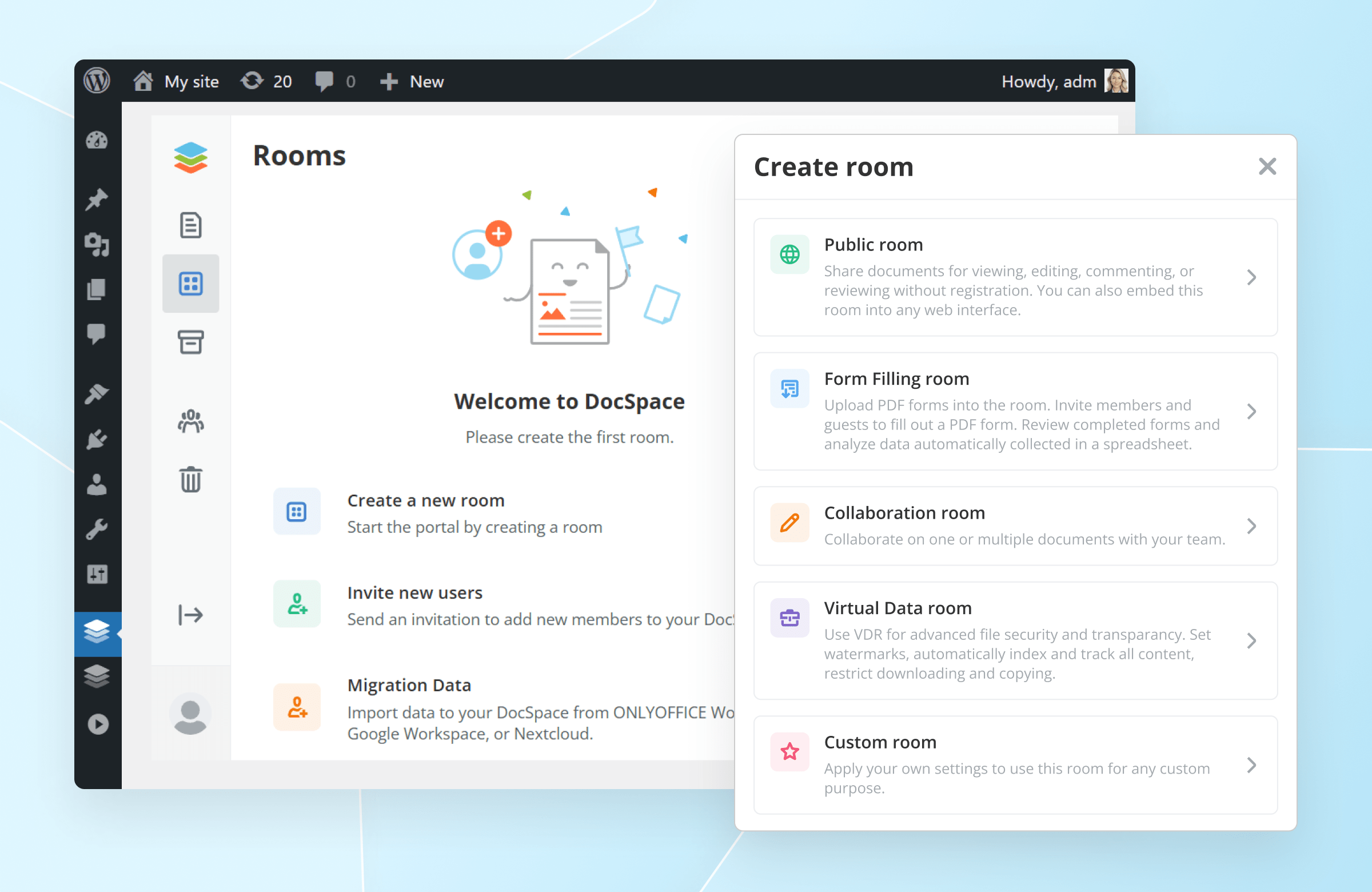 Create collaboration and custom rooms in ONLYOFFICE DocSpace