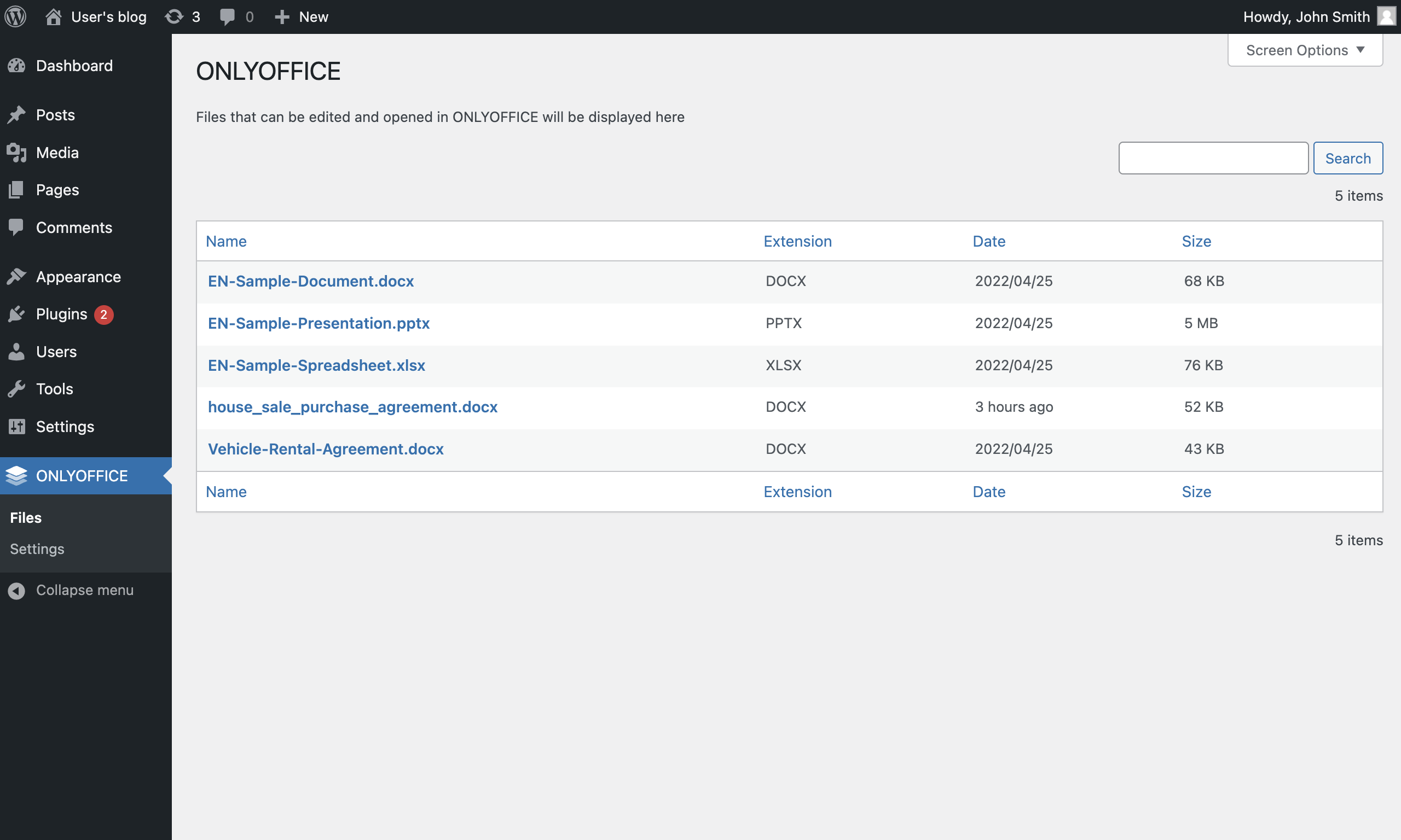 ONLYOFFICE Docs -> Files page within the WordPress administrative dashboard.