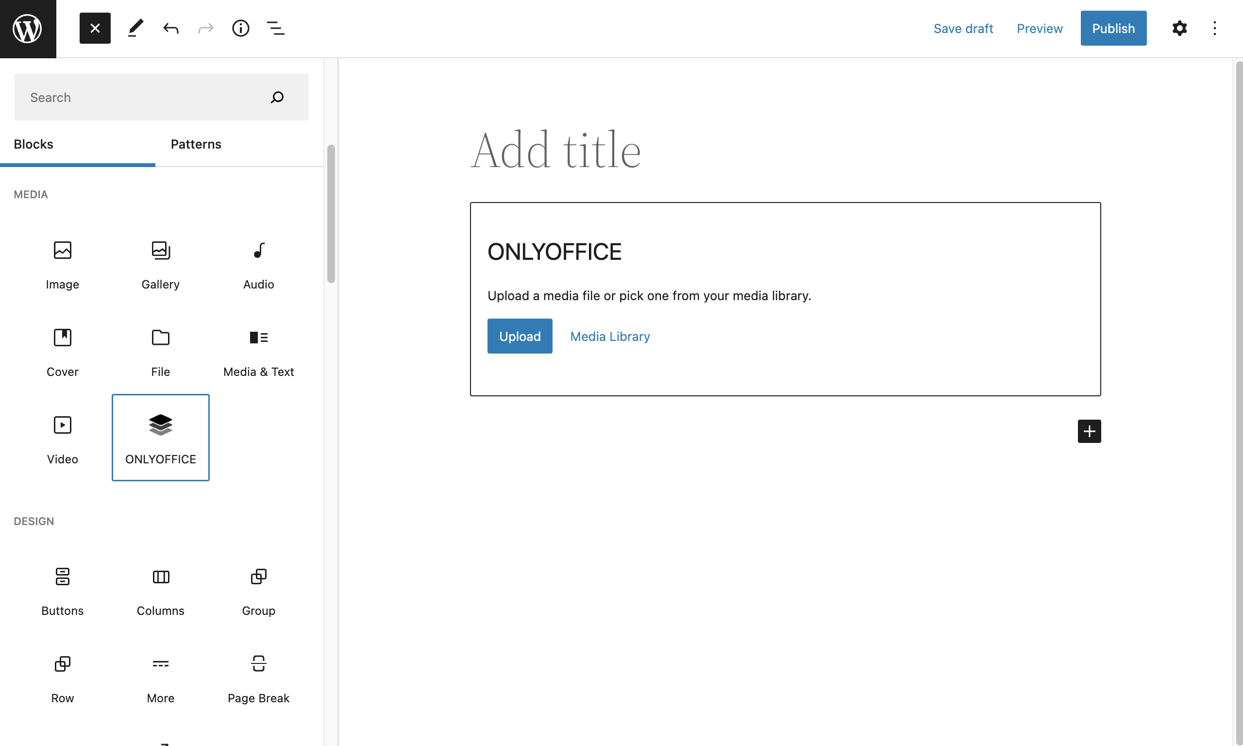 Uploading a new file or selecting one from the Media Library to the ONLYOFFICE Docs block.