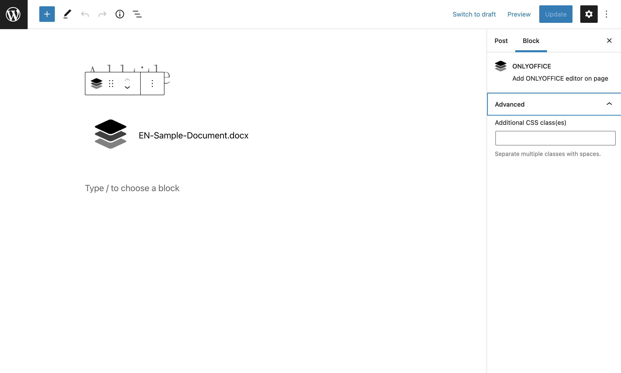 Added file displayed as the ONLYOFFICE logo with the file name in the currently edited post.
