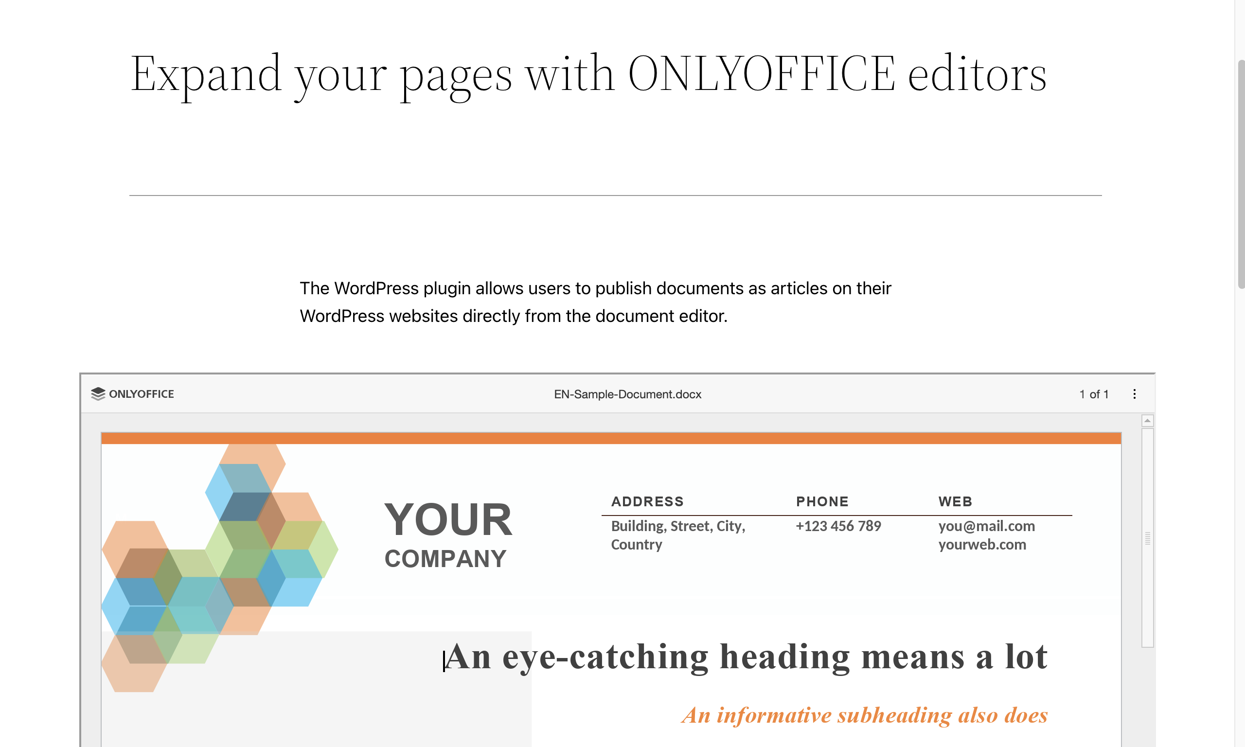ONLYOFFICE file available for viewing in the Embedded mode to the WordPress site visitors.