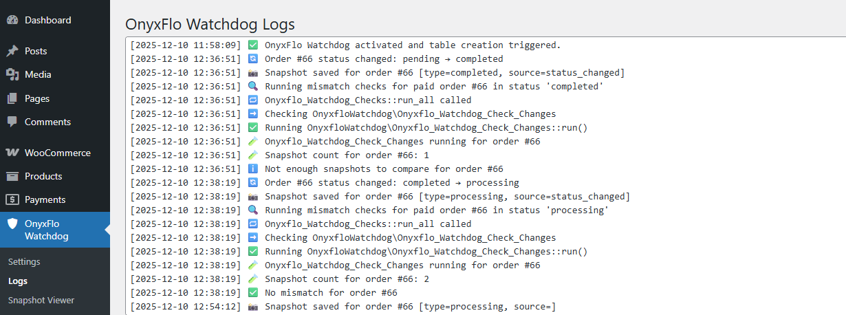 Log viewer with a readable audit trail inside wp-content/uploads/onyxflo-watchdog.