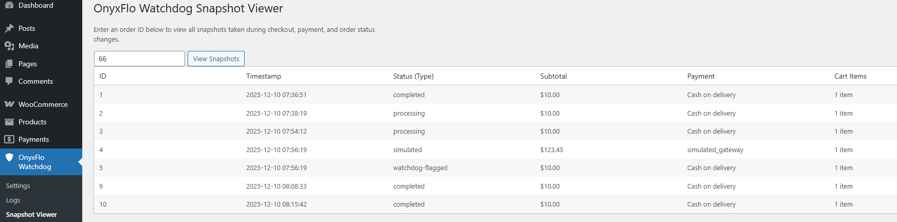 Snapshot viewer showing the history of cart and subtotal changes for a single order.