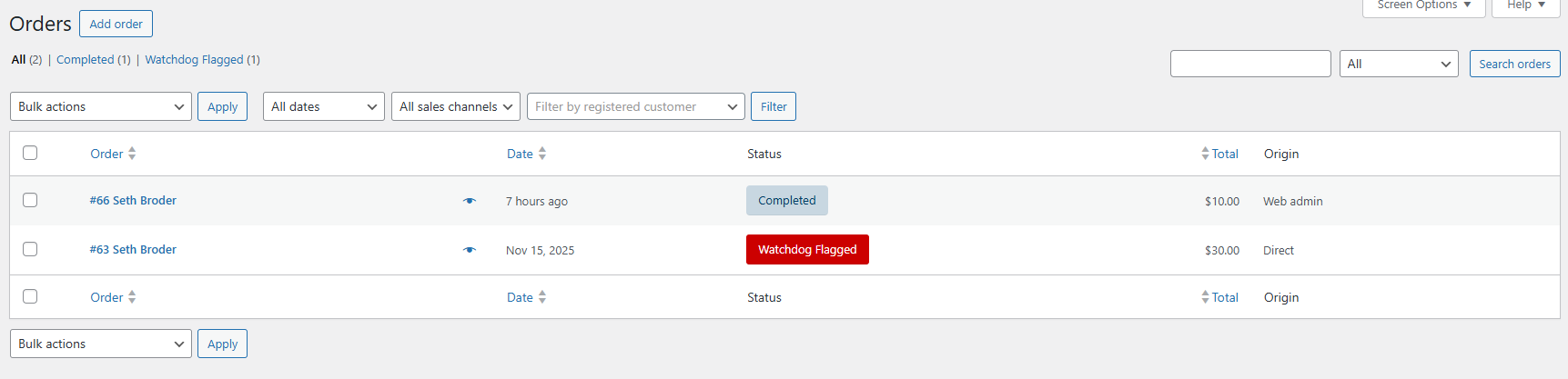 Order list showing “Watchdog Flagged” status so your team can quickly spot issues.