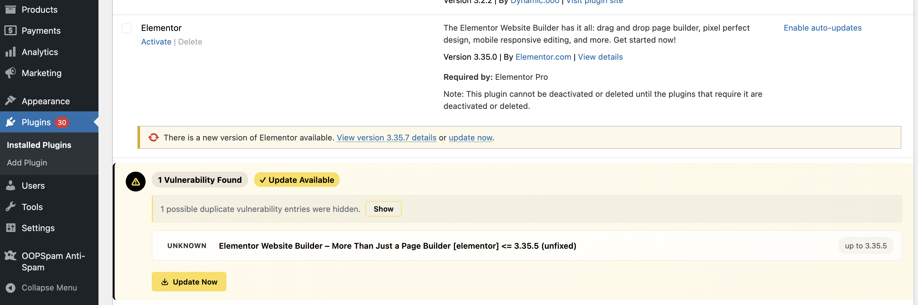 Detailed vulnerability information with severity badges