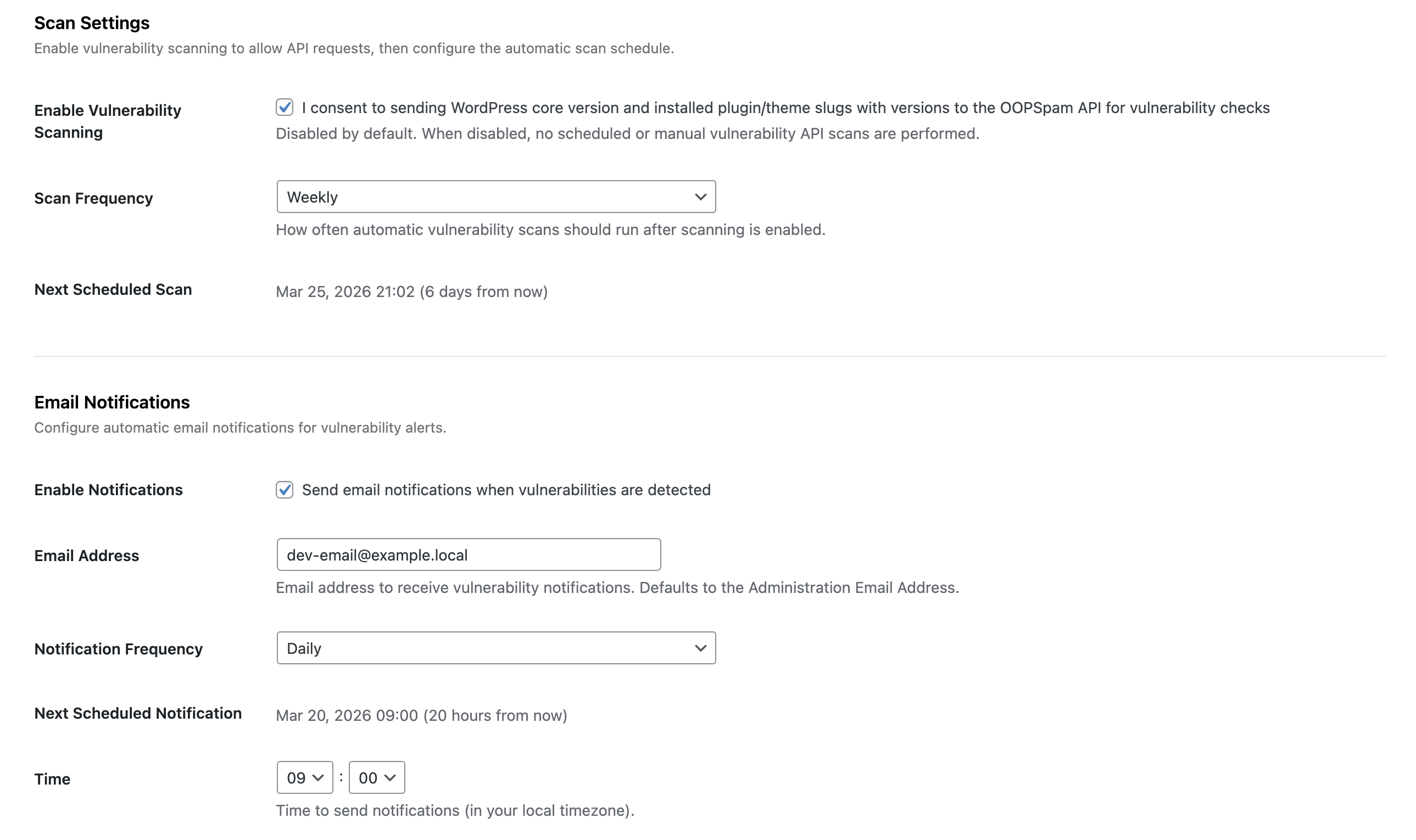 Settings page for scan frequency and notifications