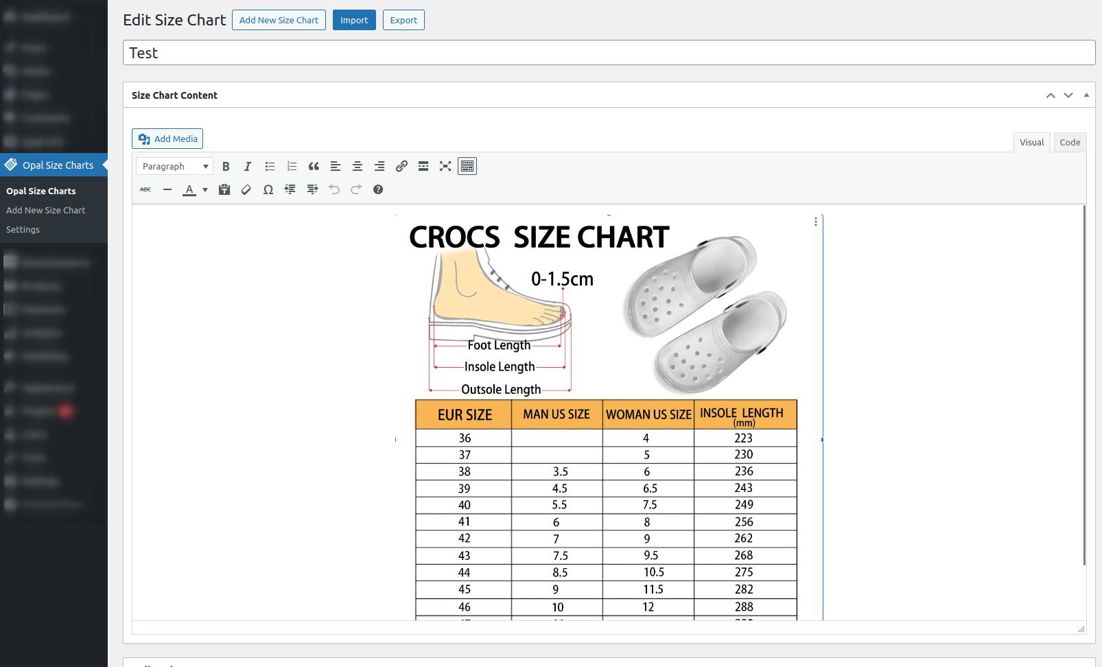 Add/Edit size chart