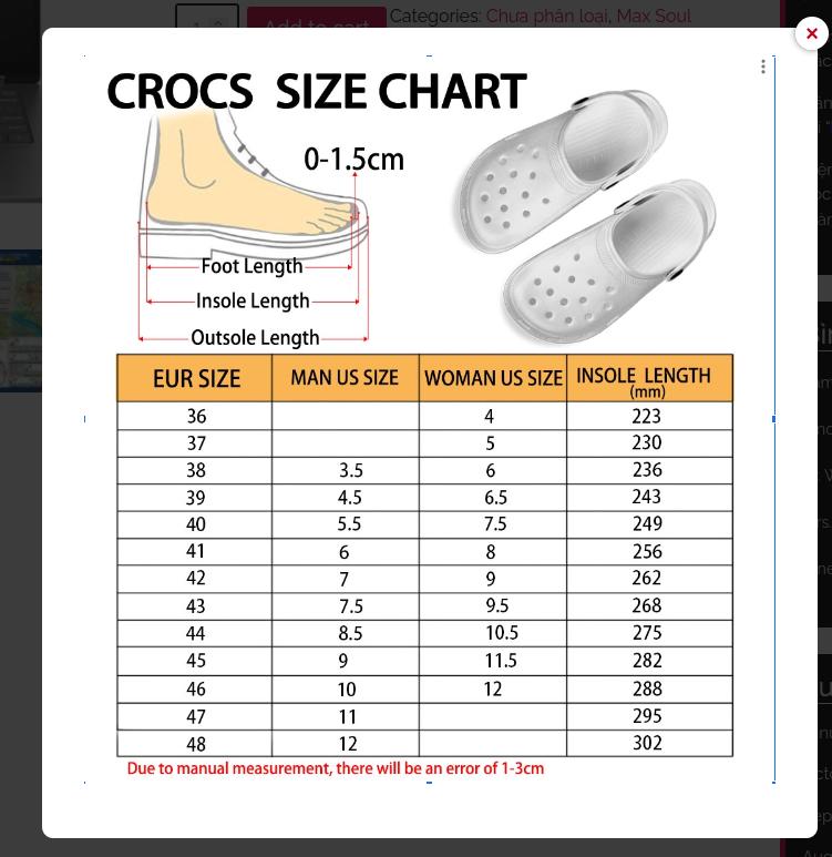 Popup size chart in frontend