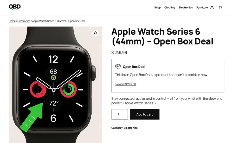 The Open Box Deal page where a returned item is sold at a lower price