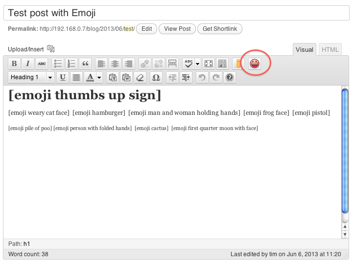 Post edit screen shows Emoji toolbar widget and shortcodes entered.
