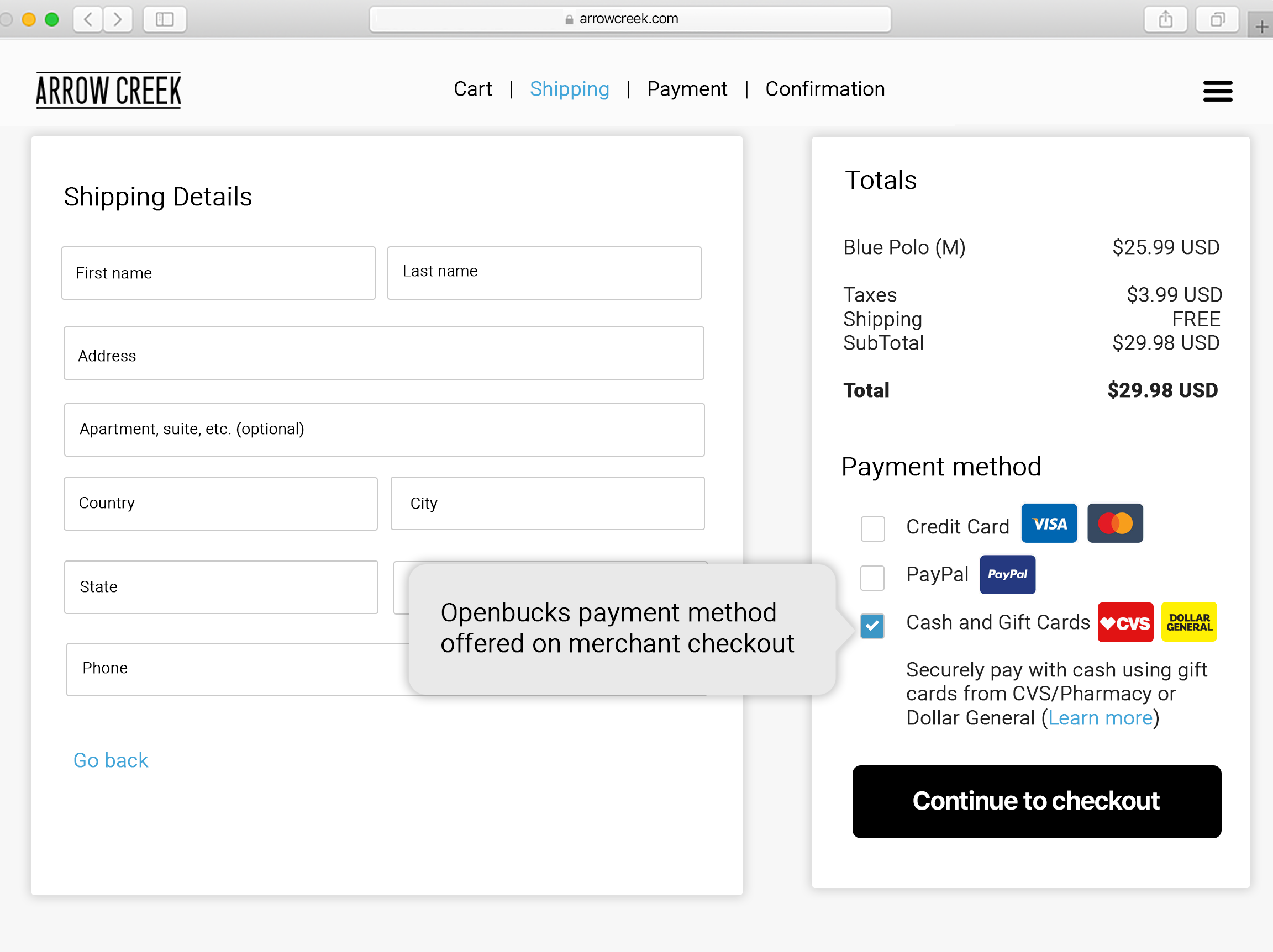 Openbucks payment method offered on merchant checkout