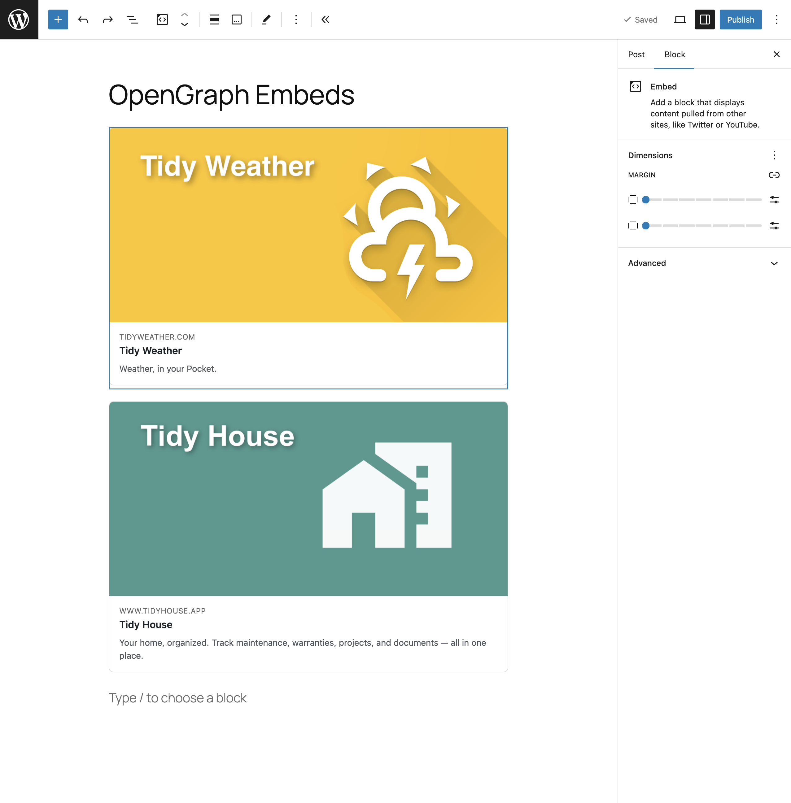 The OpenGraph Embed block in the editor with a live preview.