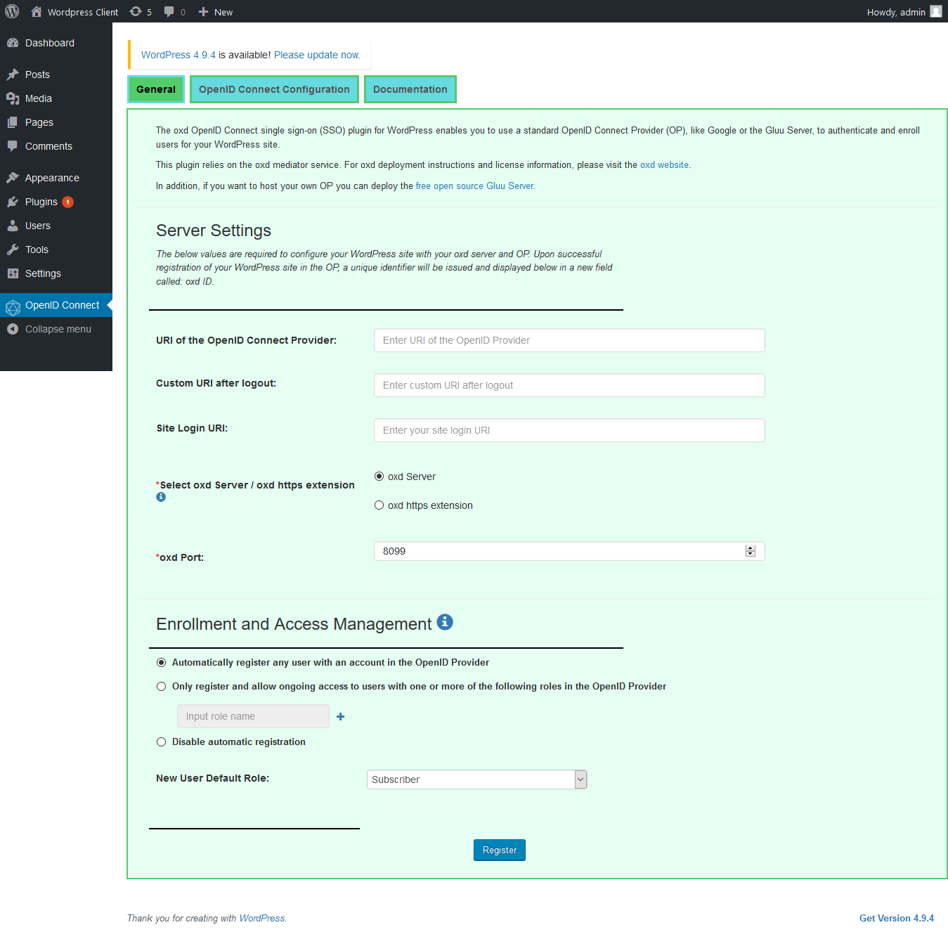 General page for OpenID Connect Provider, which supports dynamic registration.