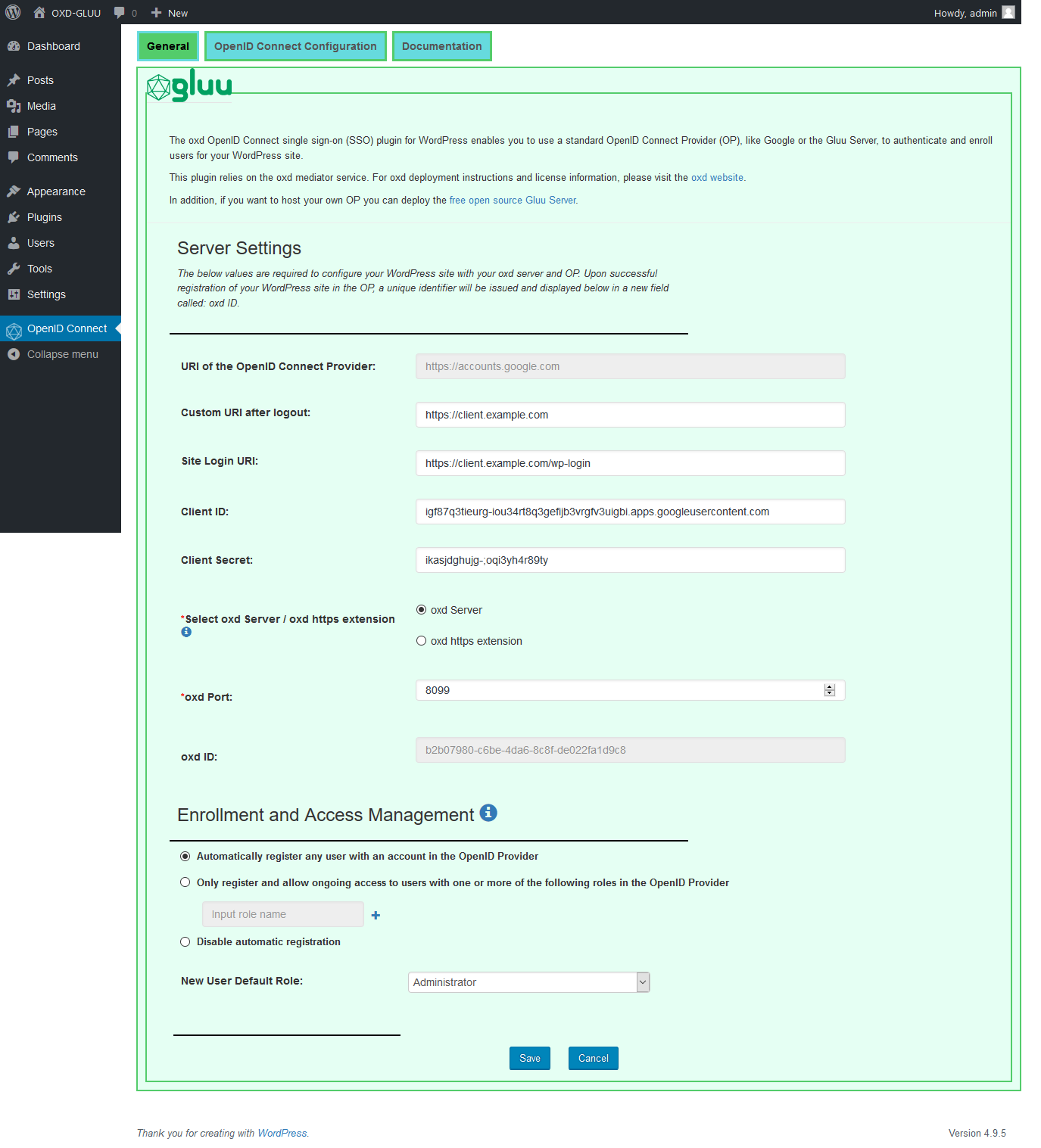 Edit page for OpenID Connect Provider, which doesn't support dynamic registration.