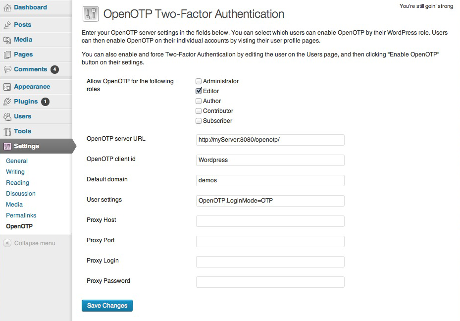 OpenOTP administration page with per role activation settings.