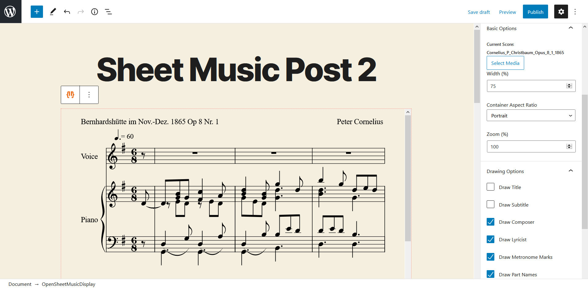 This shows another post with various options set (75% width, no draw title, Portrait aspect ratio)