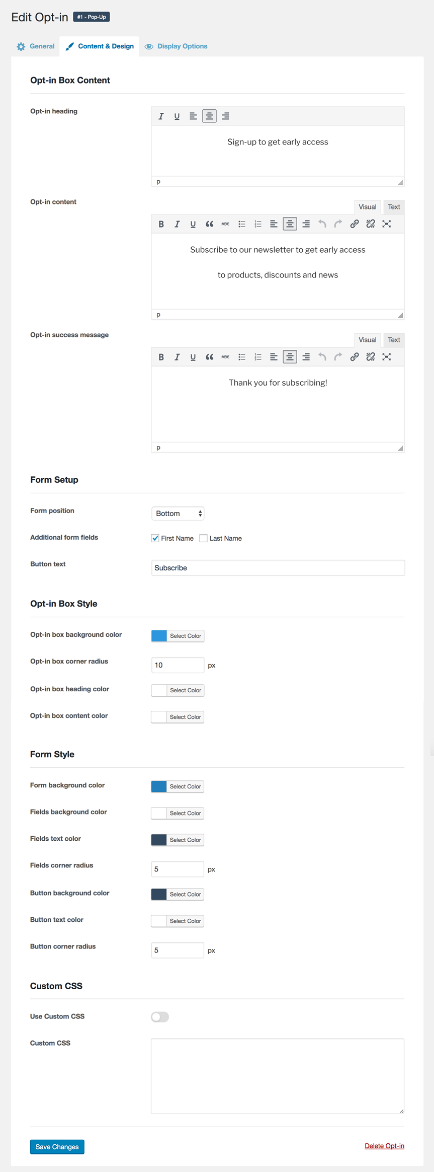 Configuration tab for the email opt-in content & design