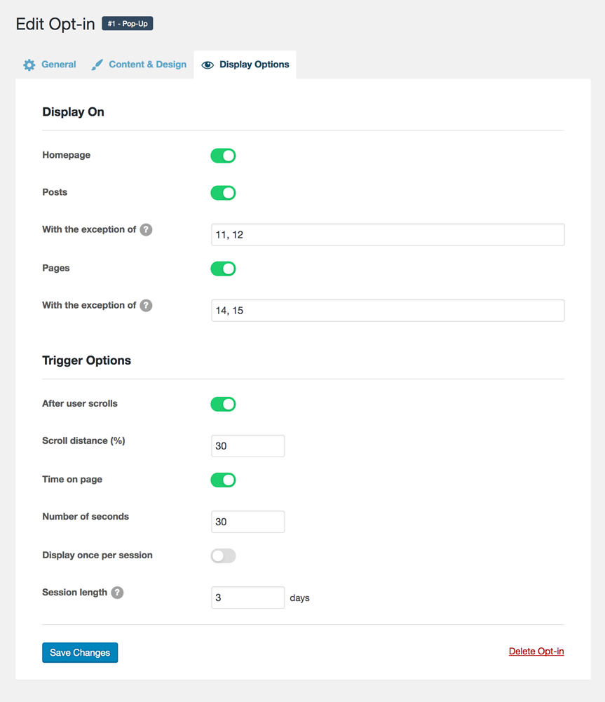 Configuration tab for the email opt-in display options